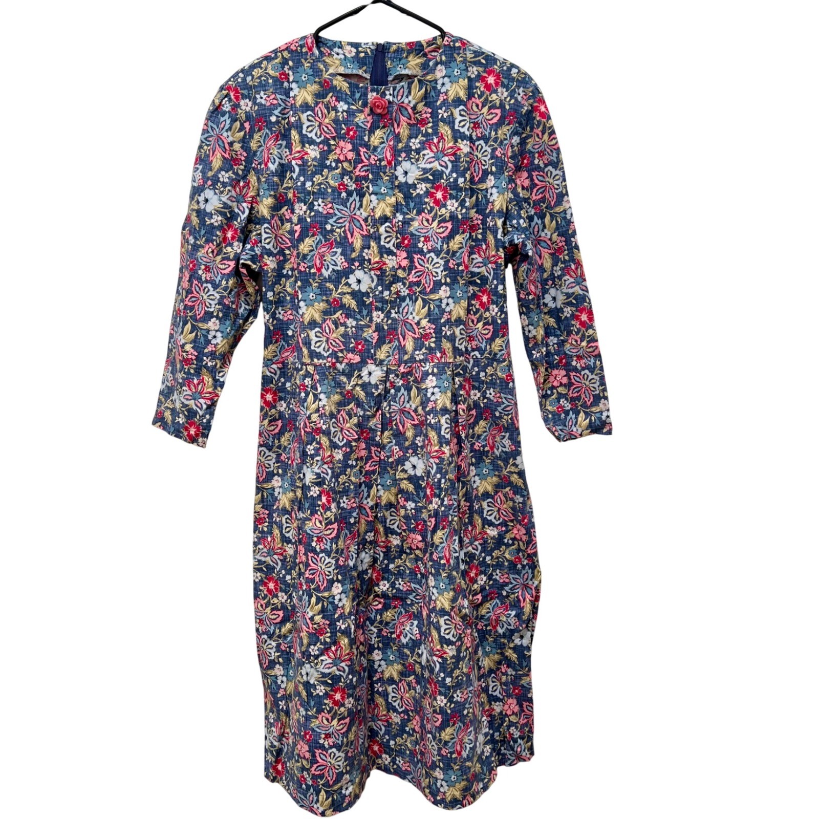 Vintage Style Floral Midi Dress Blue Pink Rosebud Button Cottagecore Prairie