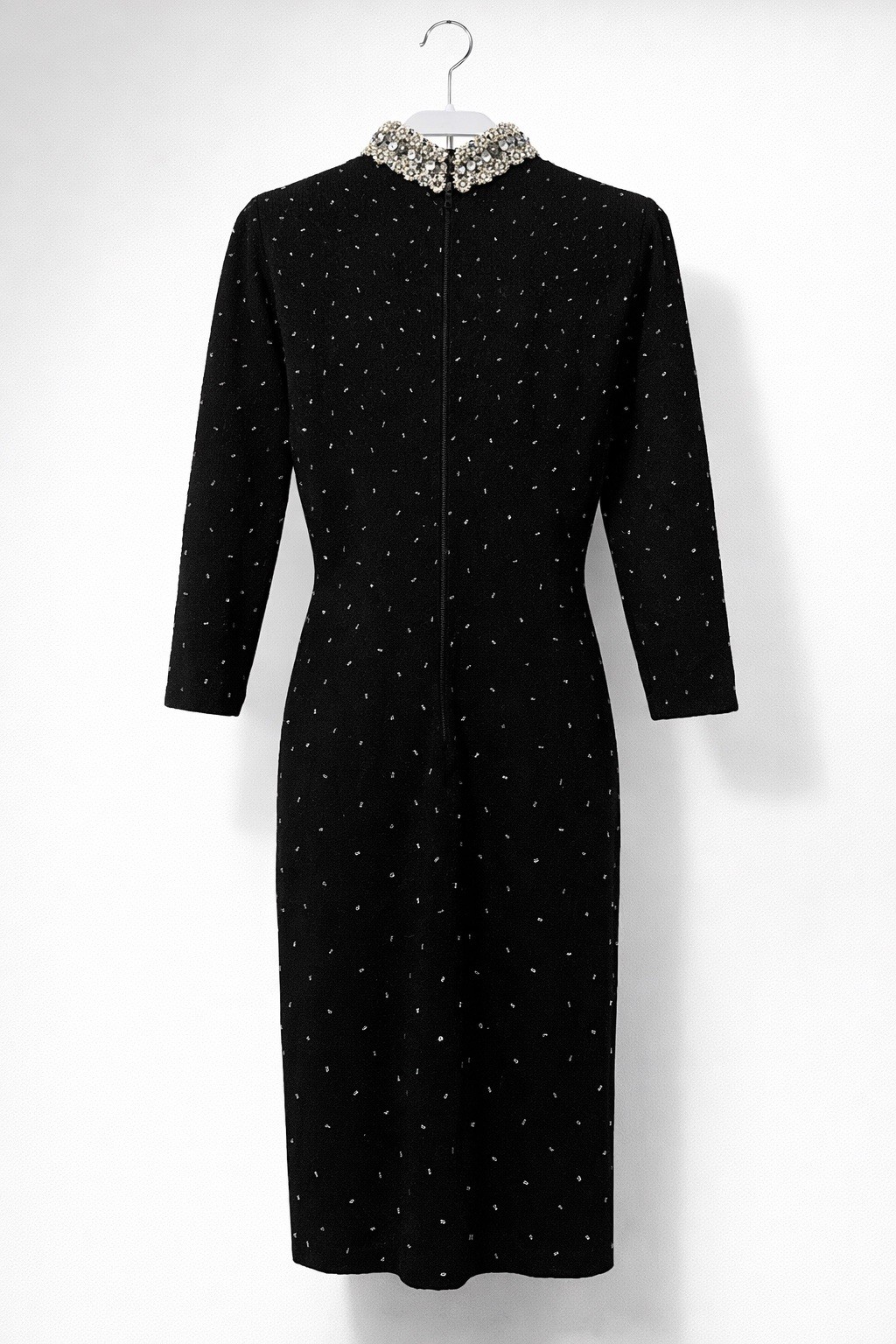 Vtg 50s Couture GENE SHELLY Boutique International Rhinestone Wool BEADED Dress