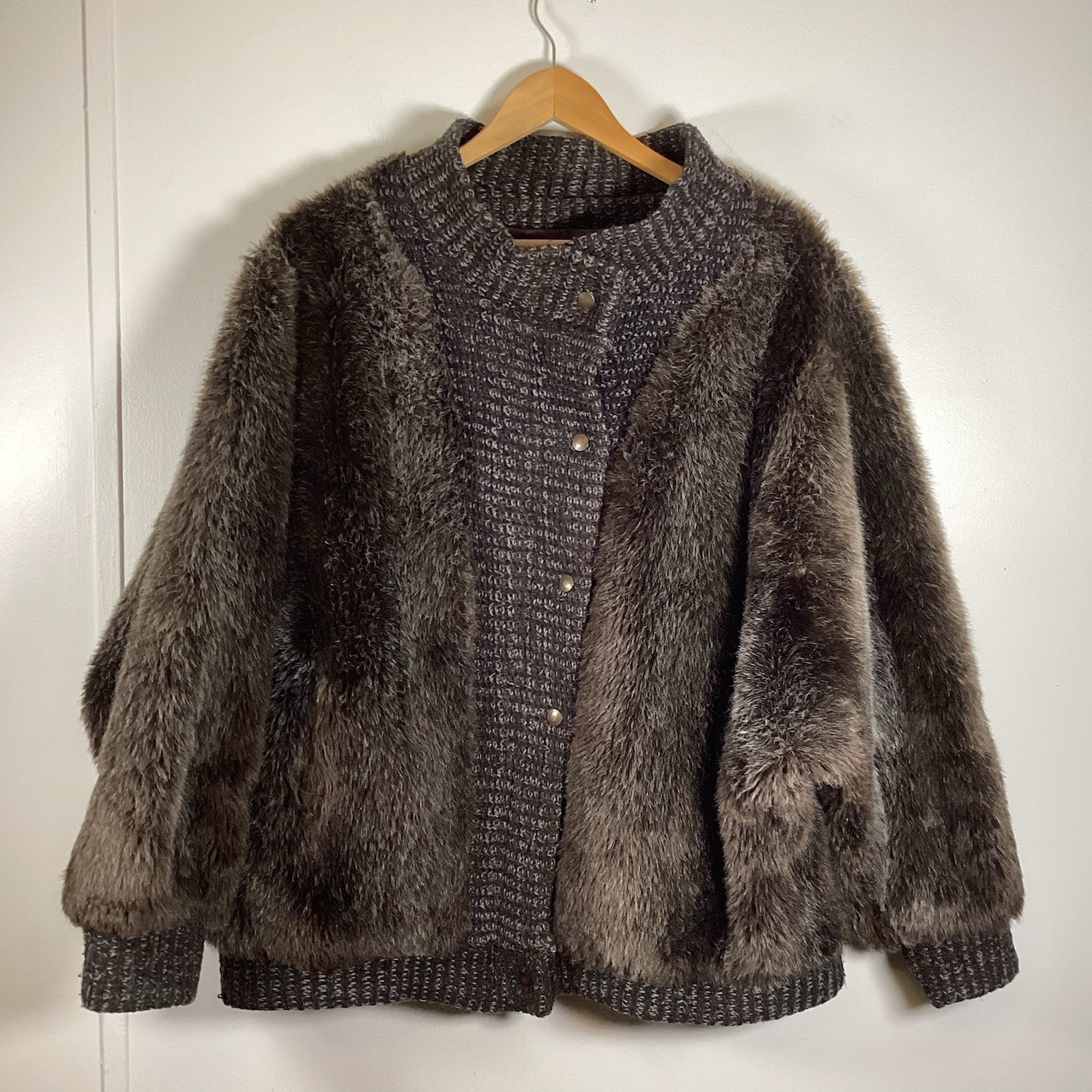 VTG 80’s Hillmoor NY Cardigan Sweater Jacket Size 16 Faux Fur Coat USA