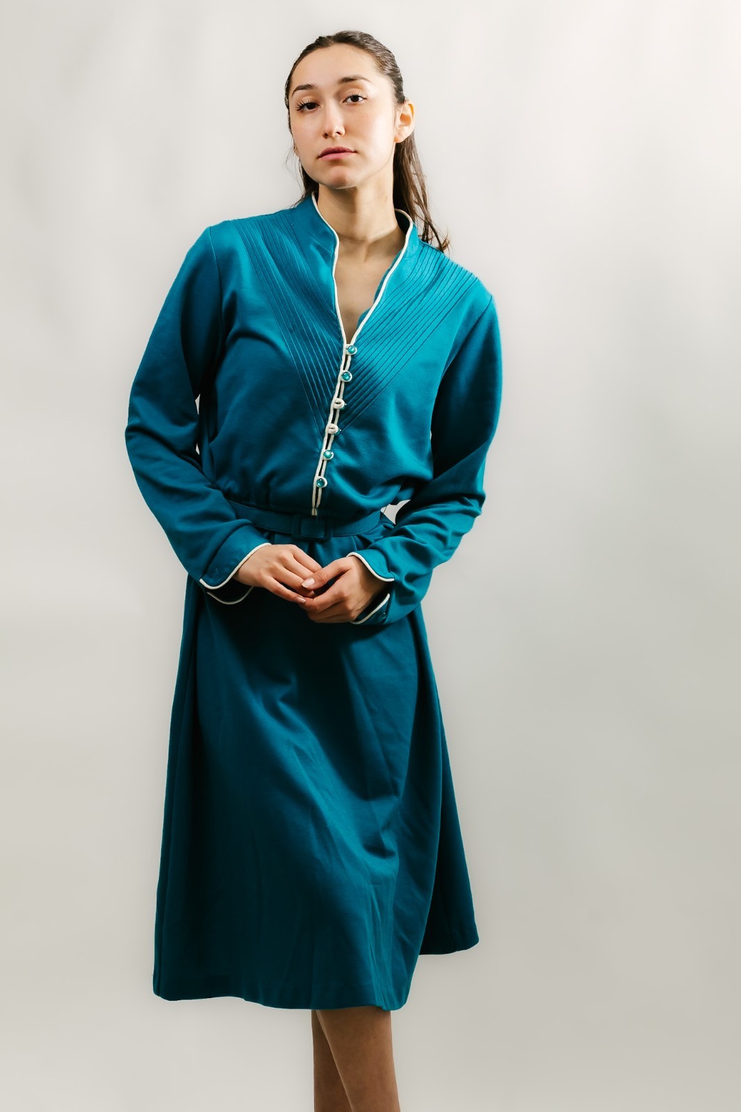 80s Blouson Dress (L) large teal vintage midi wool Kenny Classics long sleeve