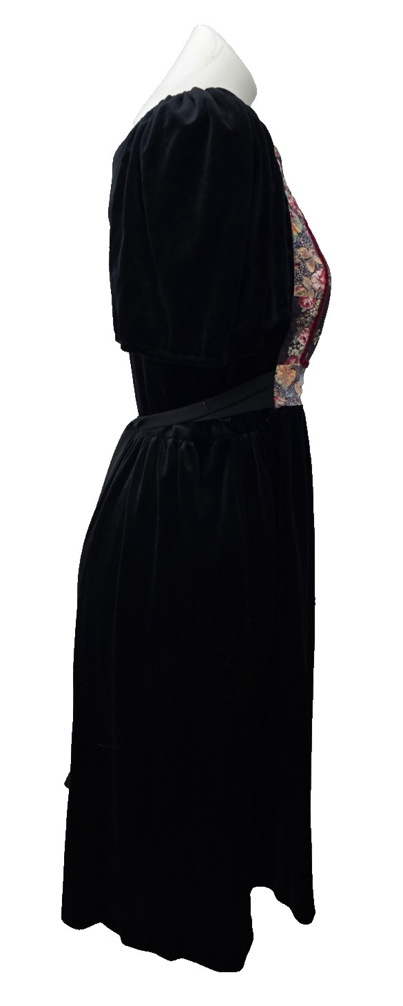 vintage 80s black velvet dirndl dress featuring a floral patterned bodice, Dress