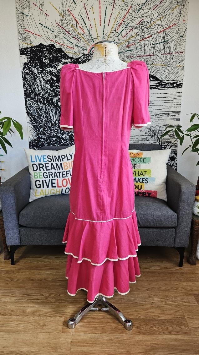 VTG 80s SIDAN HAWAII Tiered Midi MuuMuu Dress Med Beach Resort asian embroidered