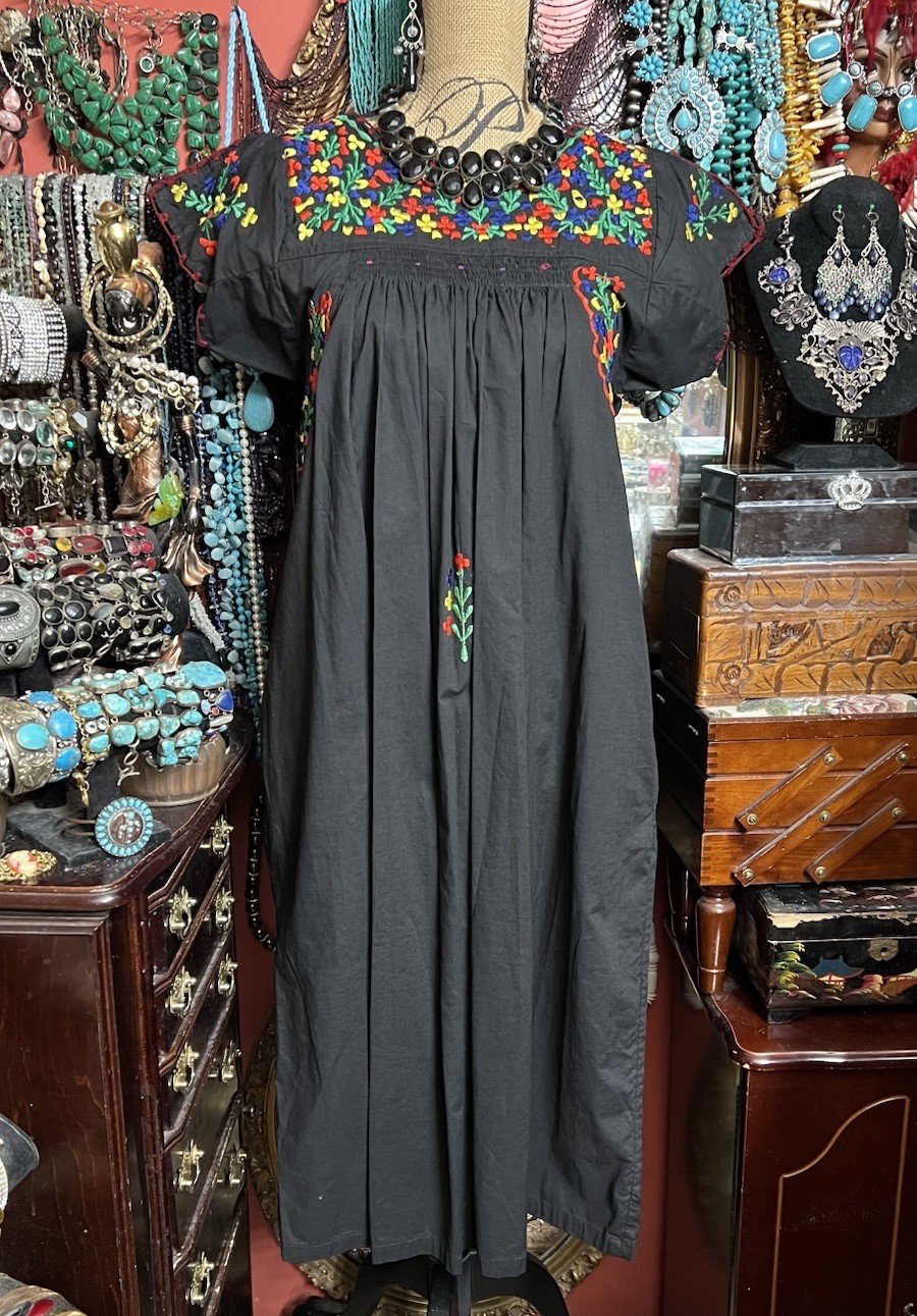 Beautiful Oaxacan Black Dress & Multi Color Silk Embroidery & Burgundy Crochet M