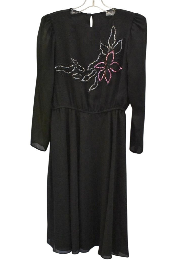Vintage 80’s Women’s Black Chiffon Sequin Beaded Special Occasion Dress Size MP