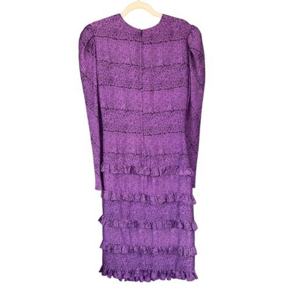 T7 80s VTG Jill Richards 100% Silk Ruffle Tiered Snake Print Dress Puff Sleeve