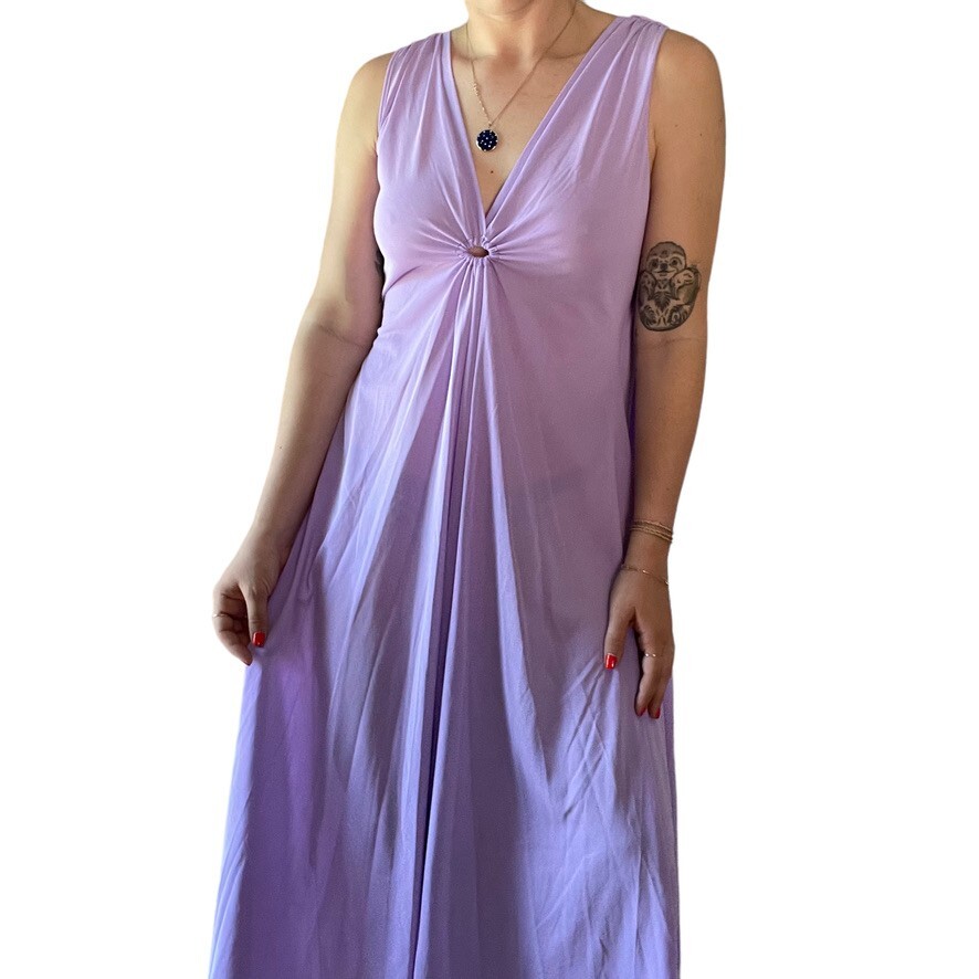 Vintage 1970s Womens Lavender V Neck Retro Disco Mid Mod Maxi Dress Sz M