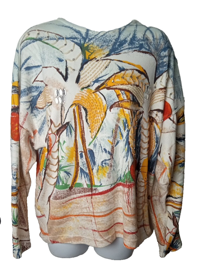 Stephanie 80’s Vintage Embellished Palms Long Sleeve Women’s Sweater