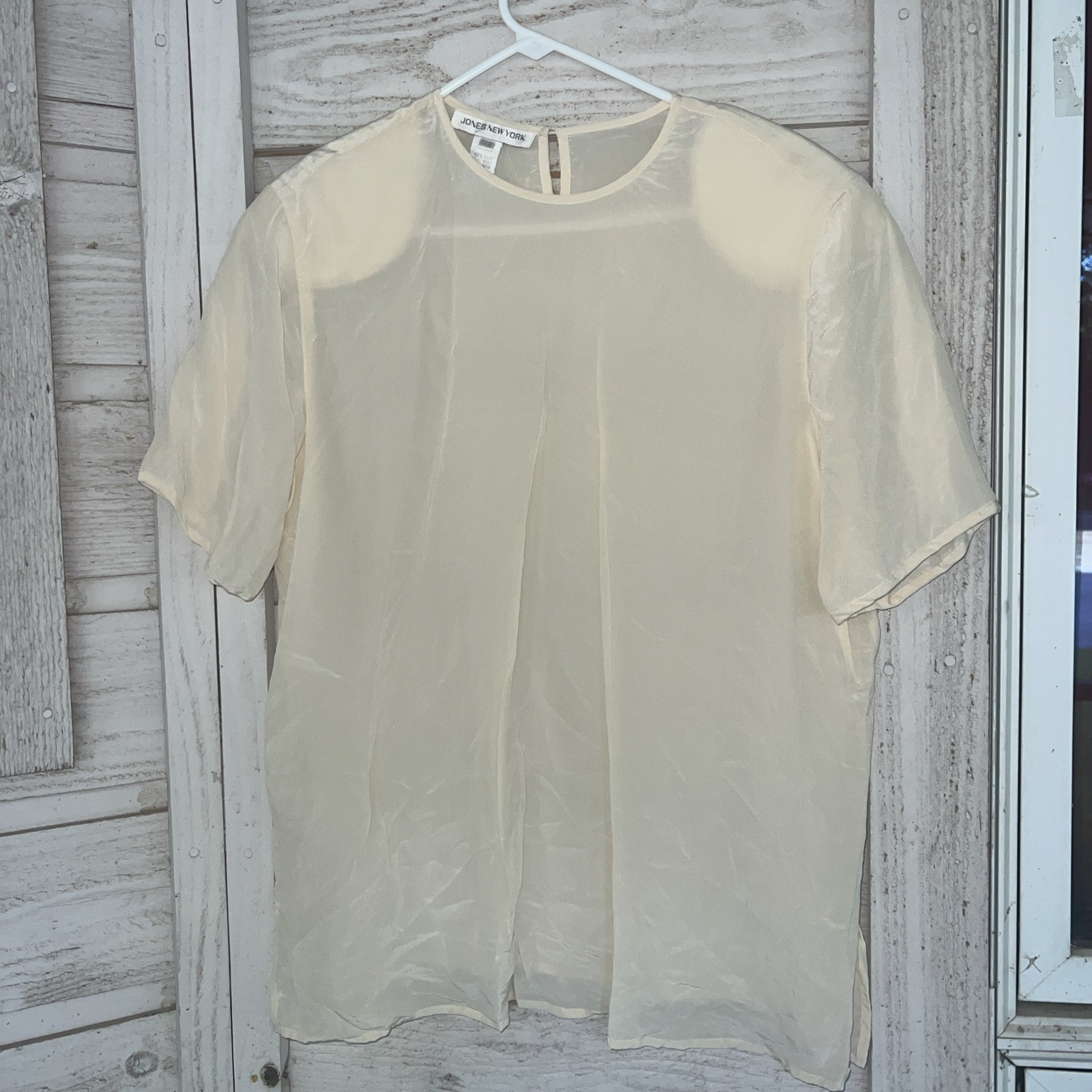 VTG 1990s Jones New York 100% Silk Blouse Beige Shoulder Pads Sz 14W Career Top
