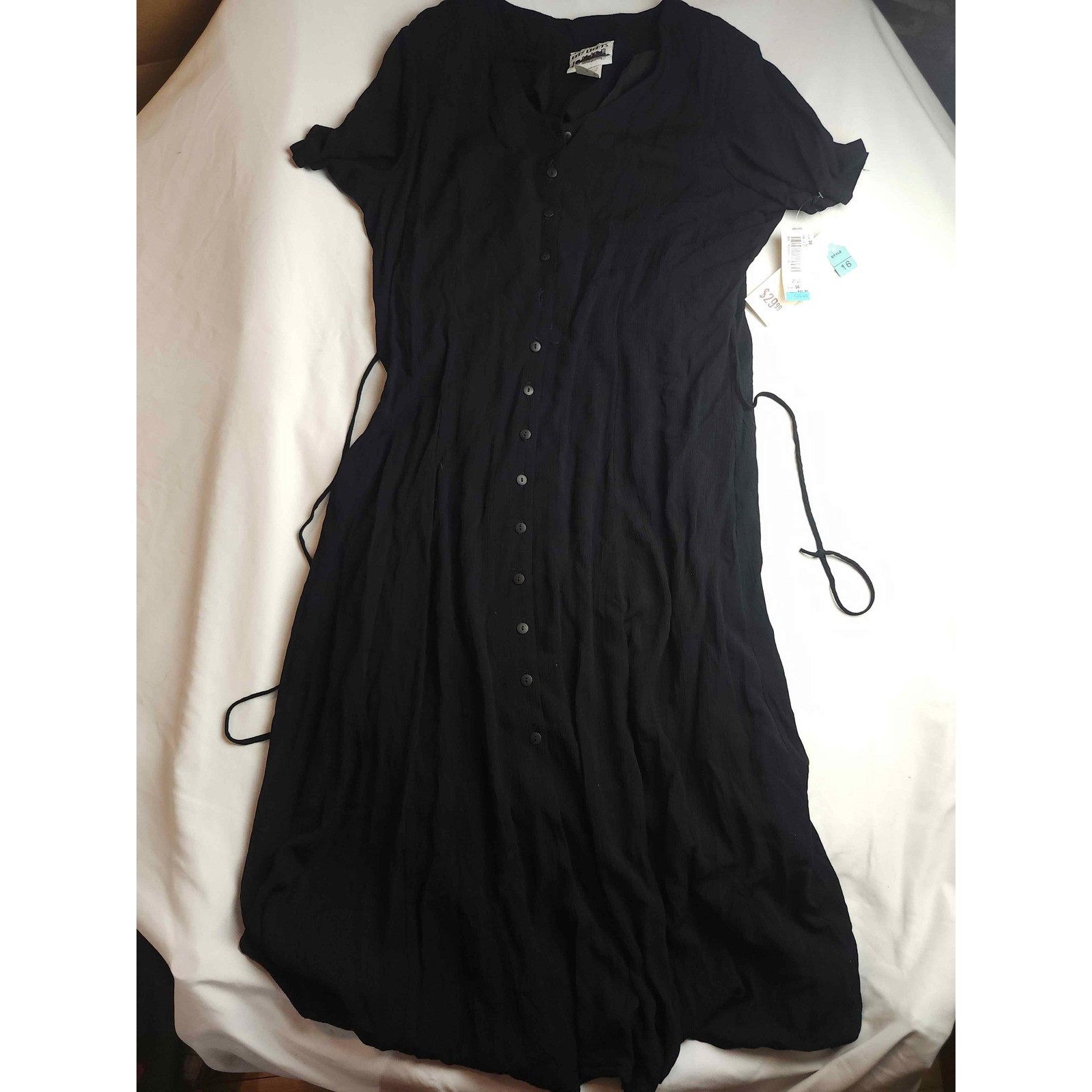 Vintage City Lights Black Rayon Button Front Midi Dress Side Tie 16P NWT 90s USA