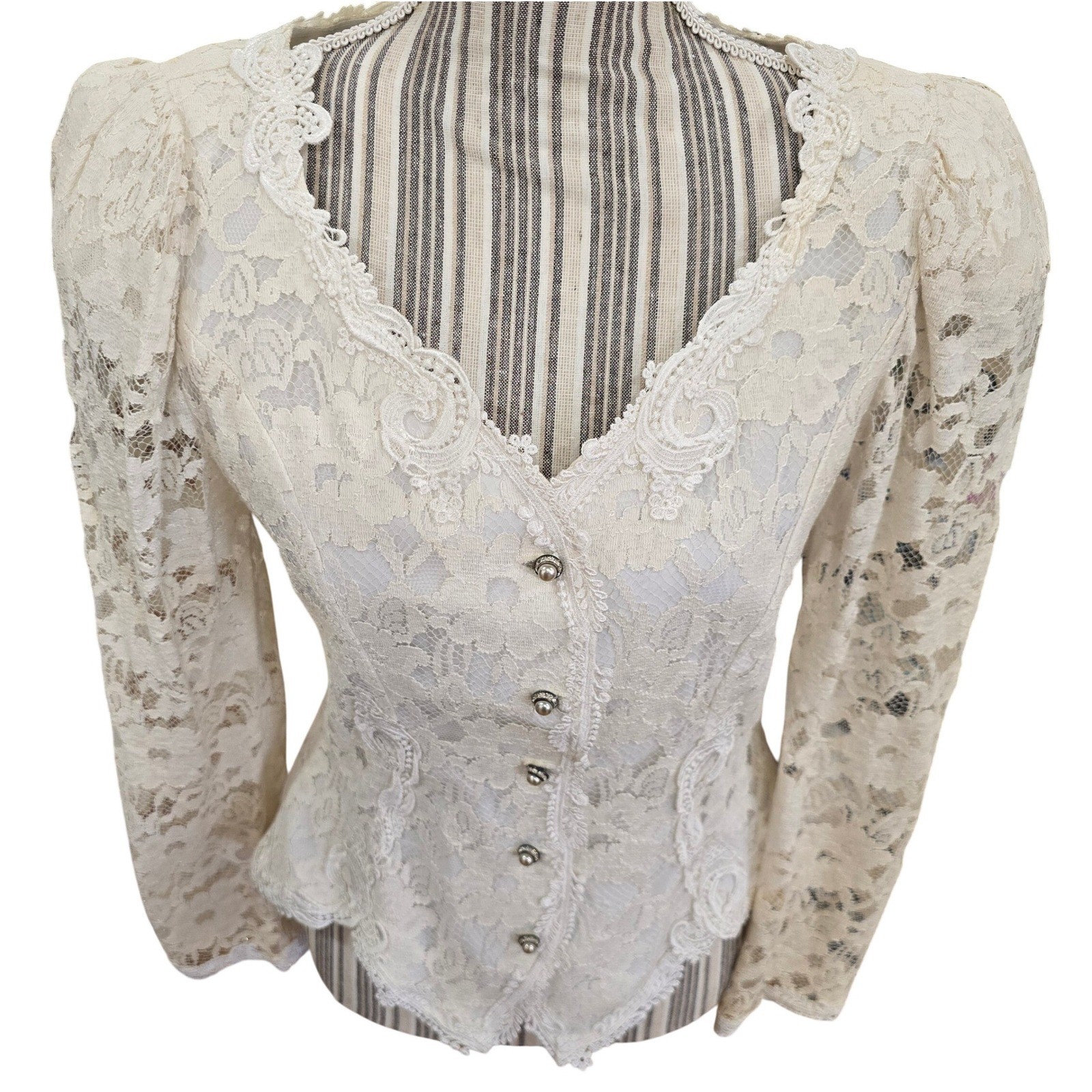 Cachet Ivory Lace Puff Sleeve Corset Top Button Up Romantic USA Pearl Buttons Sm
