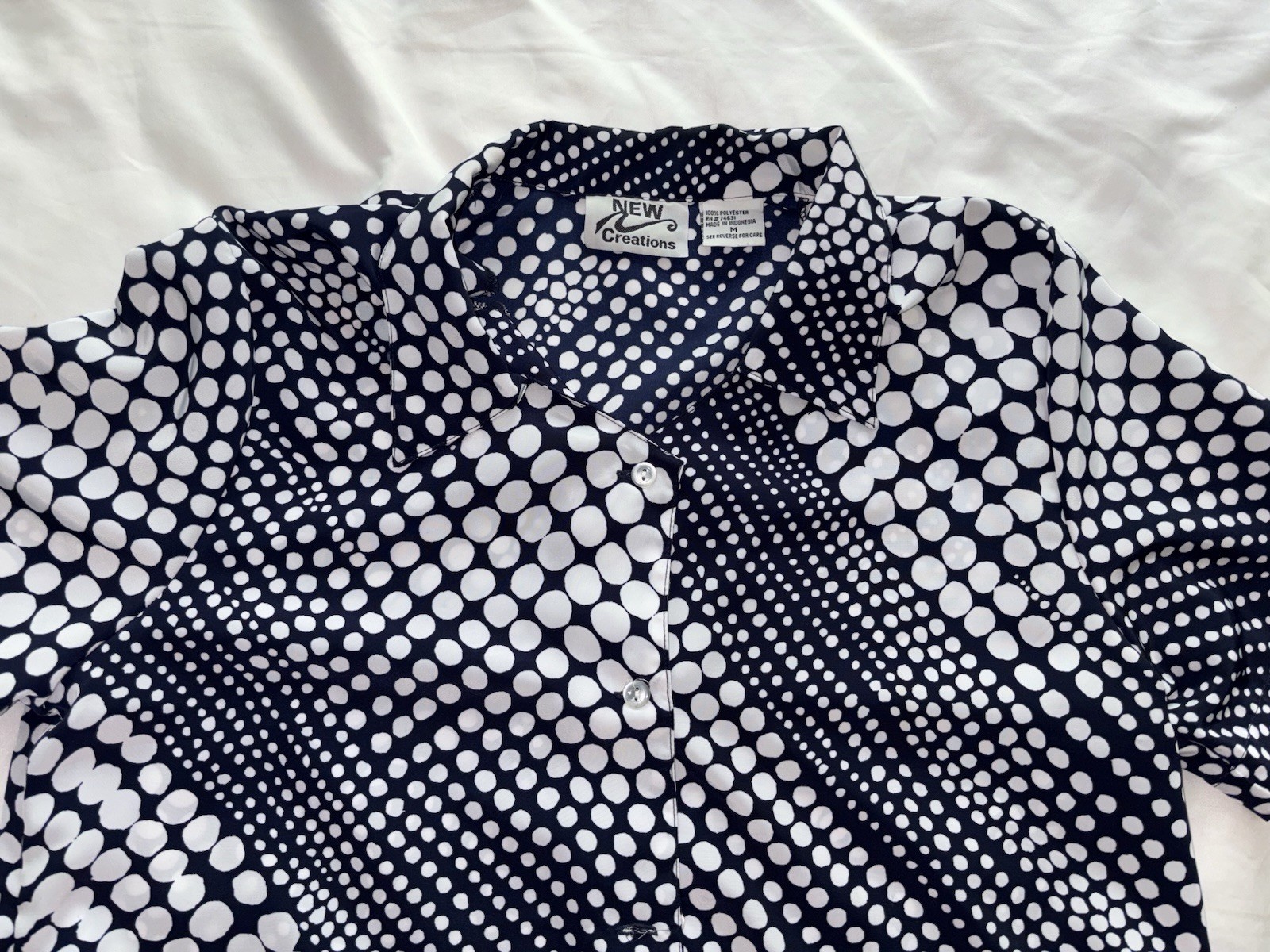 Vintage Dark Blue Polka Dot Blouse White Spots Pinup Shirt Collar Medium Poly