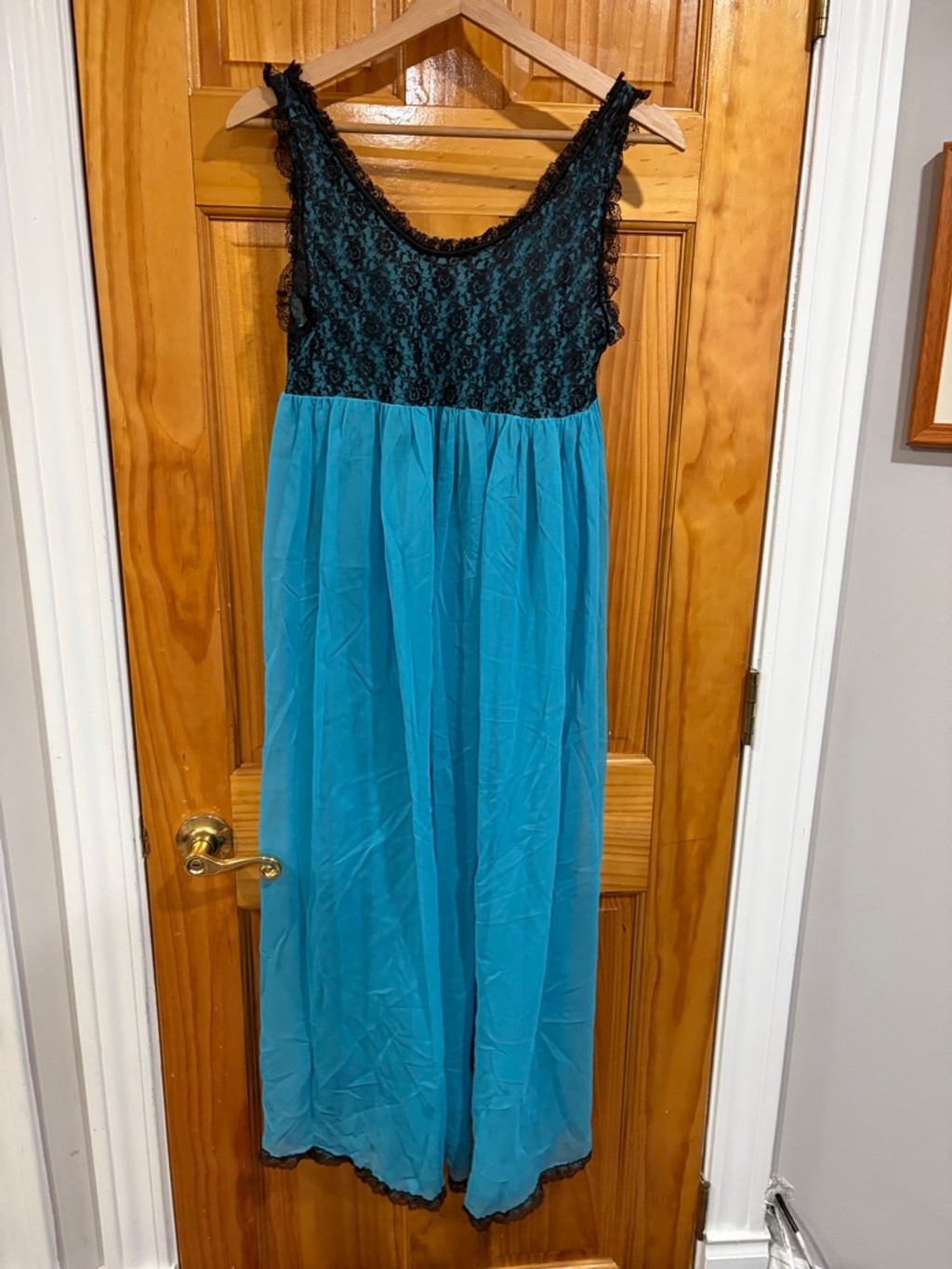 Vintage Union Made Teal Black Lace Sheer Babydoll Nightgown 90s Lingerie Small