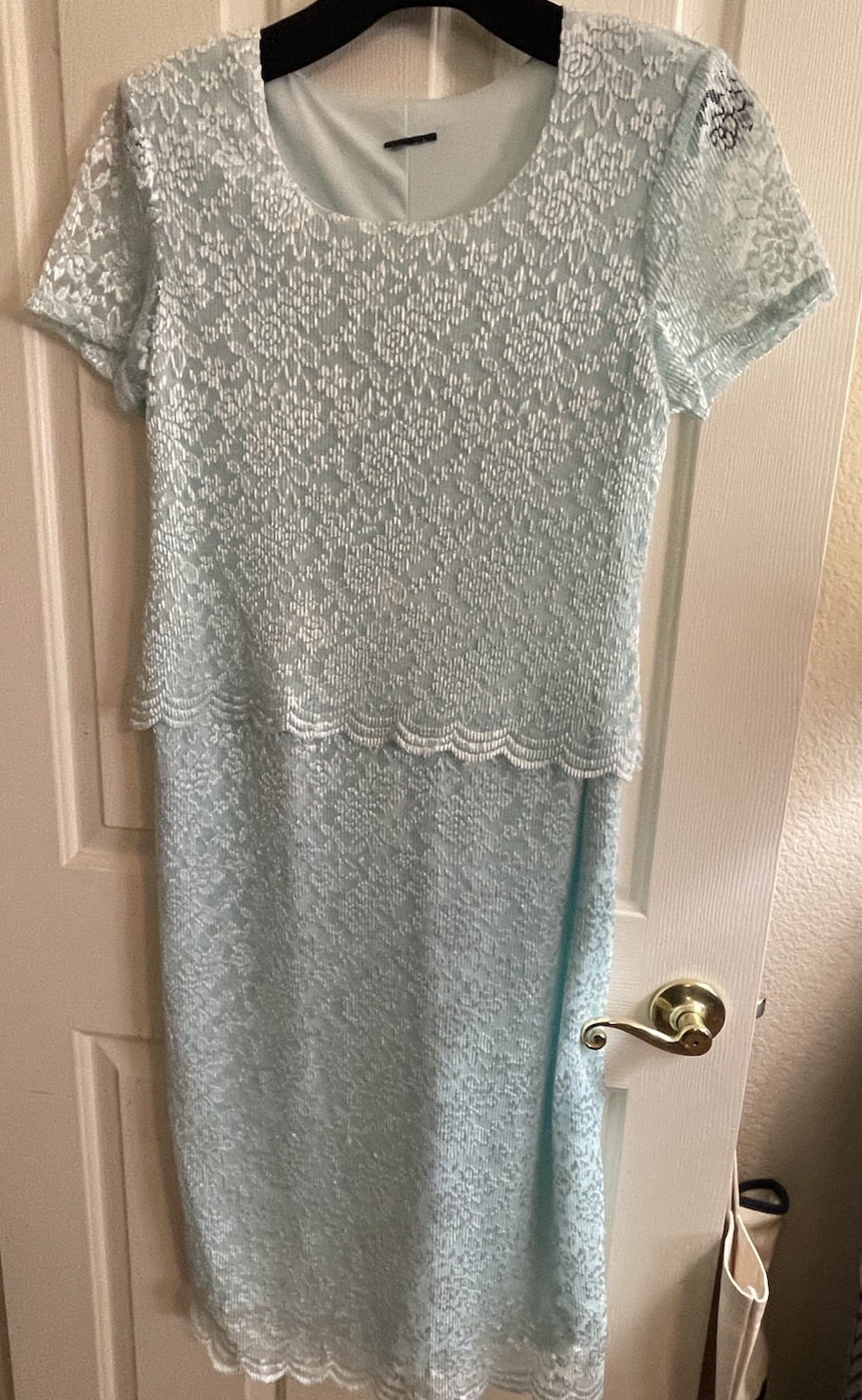 Vintage 1960’s Pastel Aqua Blue Lace & Scalloped Ribbon Formal Maxi Dress Sz L