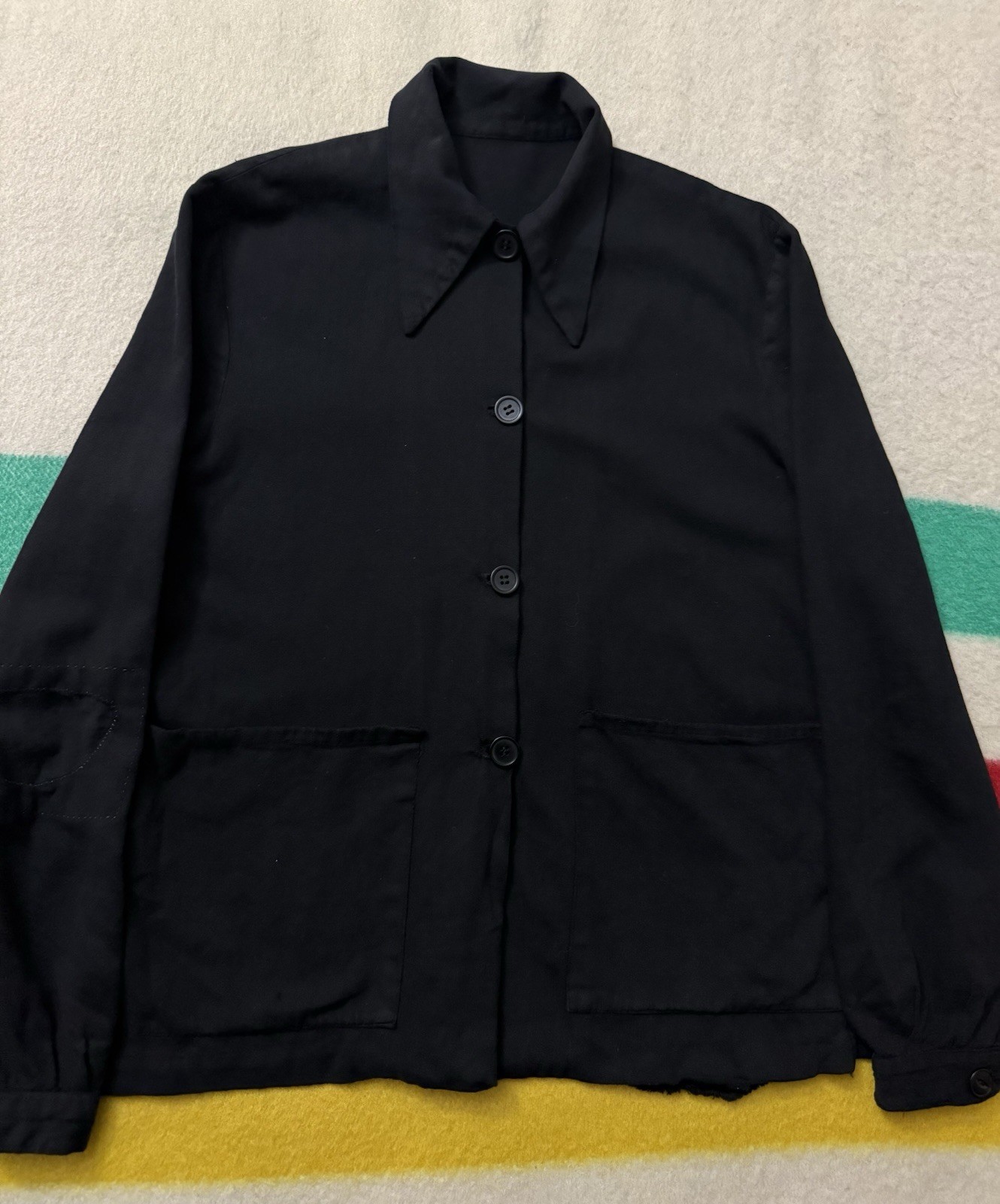 Vintage 40s 1940s Women’s Black Rayon Cotton Light Chore Jacket Size Small S