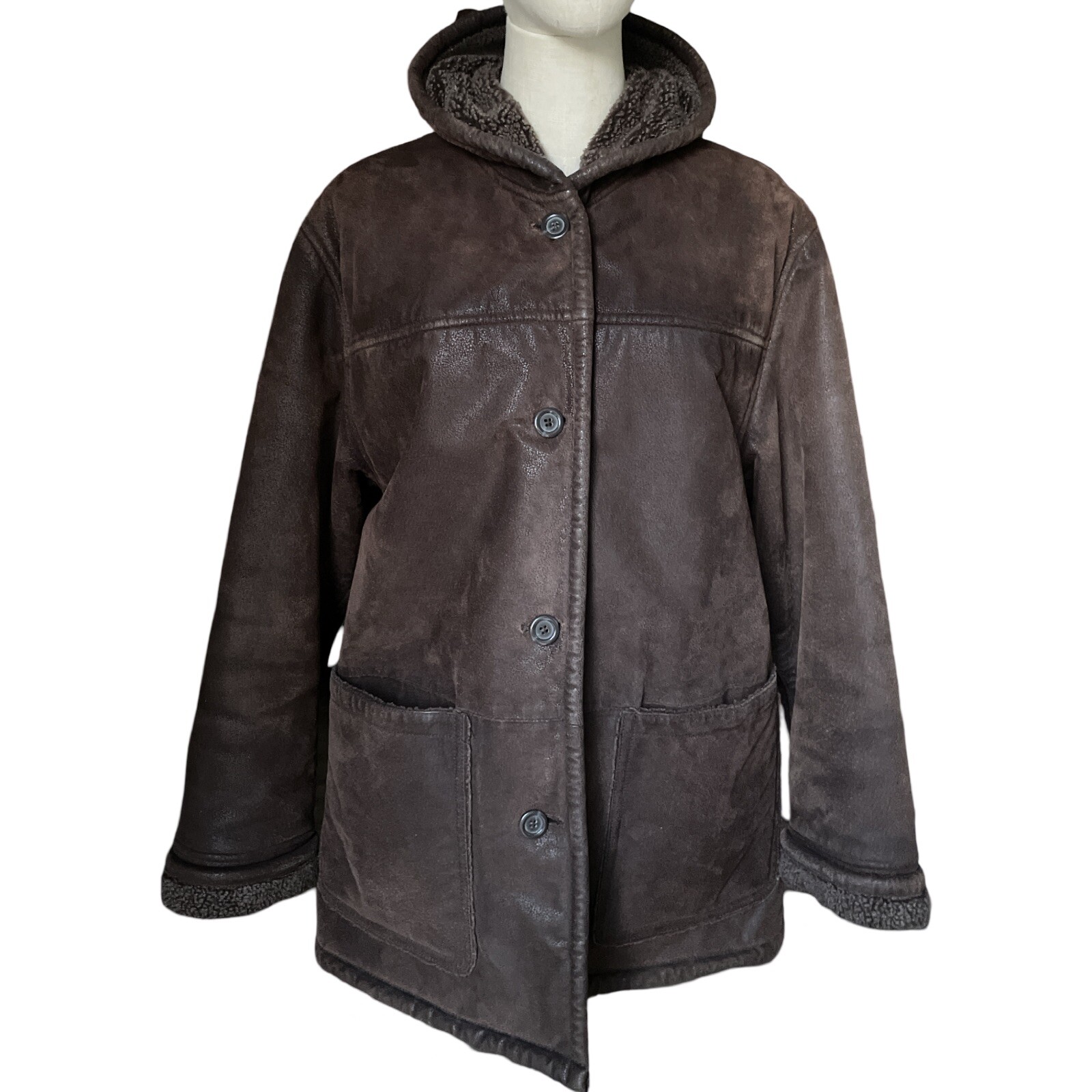 Vtg Brown Genuine Leather Faux Sherpa Lined Coat