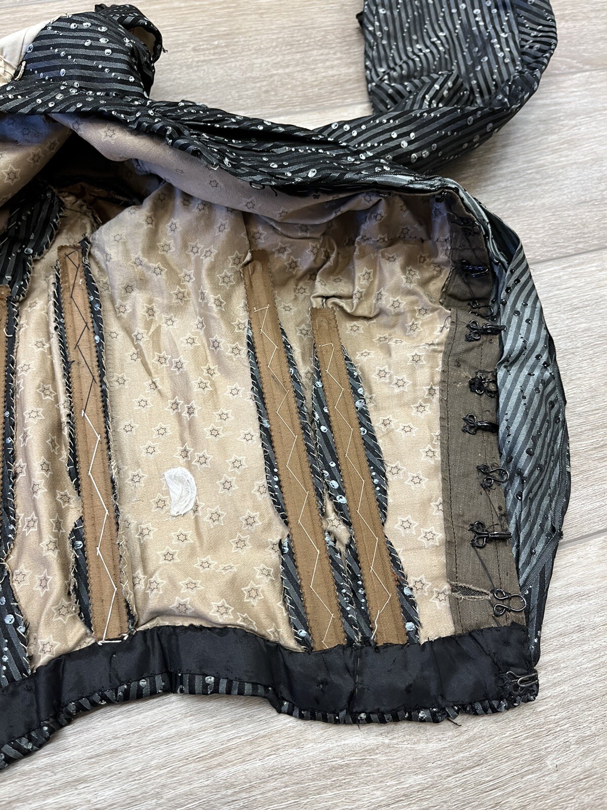 Antique Victorian Black Silk Jacquard Bodice Stripes and Bubble Pattern AS IS