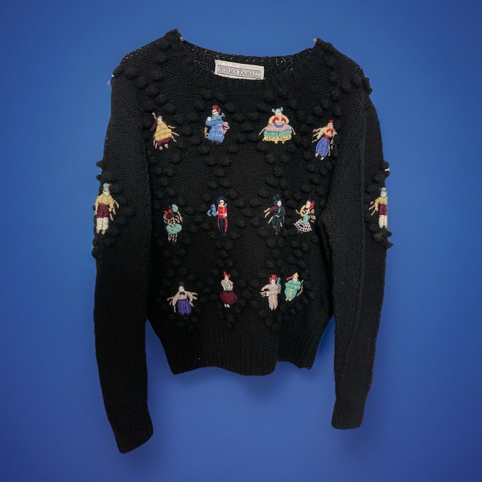 Rare Vintage Norma Kamali 100% Wool Folk Novelty Sweater Black Bobble Knit #0008