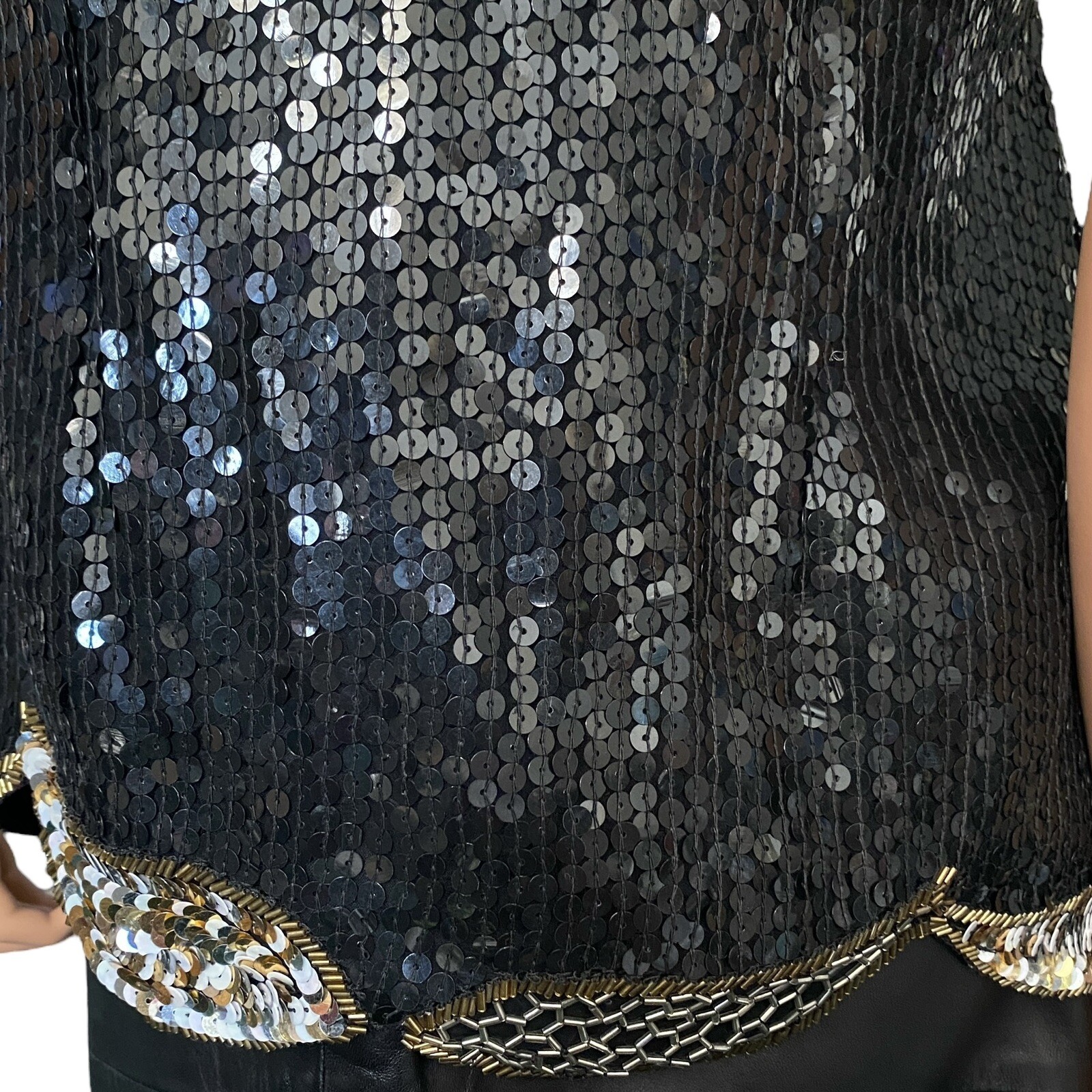 80s Sequin Beaded 100% Silk Black Gold Top Evening Sz S VTG Glamorous Party