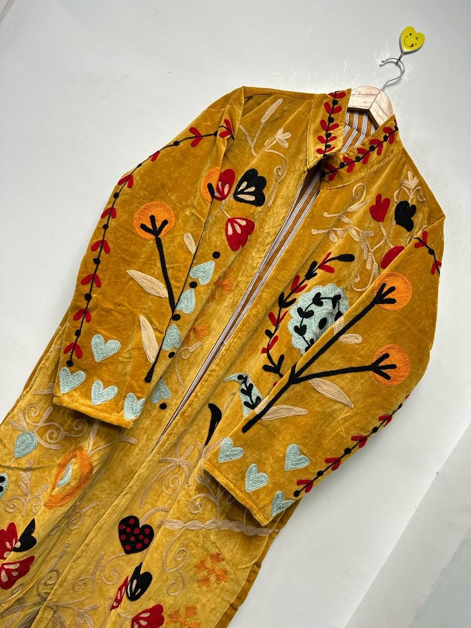 Mustard Velvet Suzani Coat Embroidered Floral Boho Long Gown & Boho Jackets US