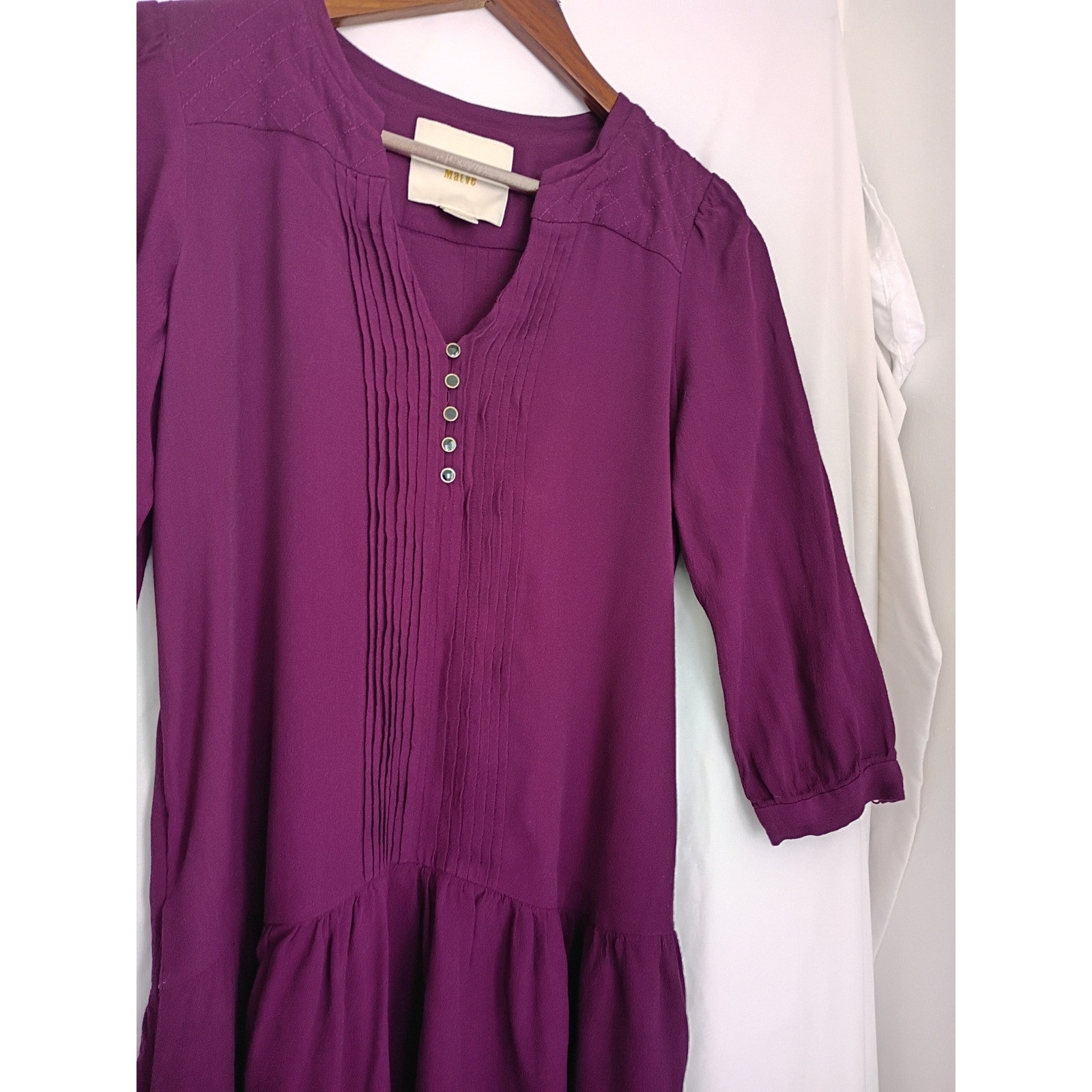 Maeve Anthropologie Coquette Pintuck Mini Dress Magenta Purple V-Neck XS Chic