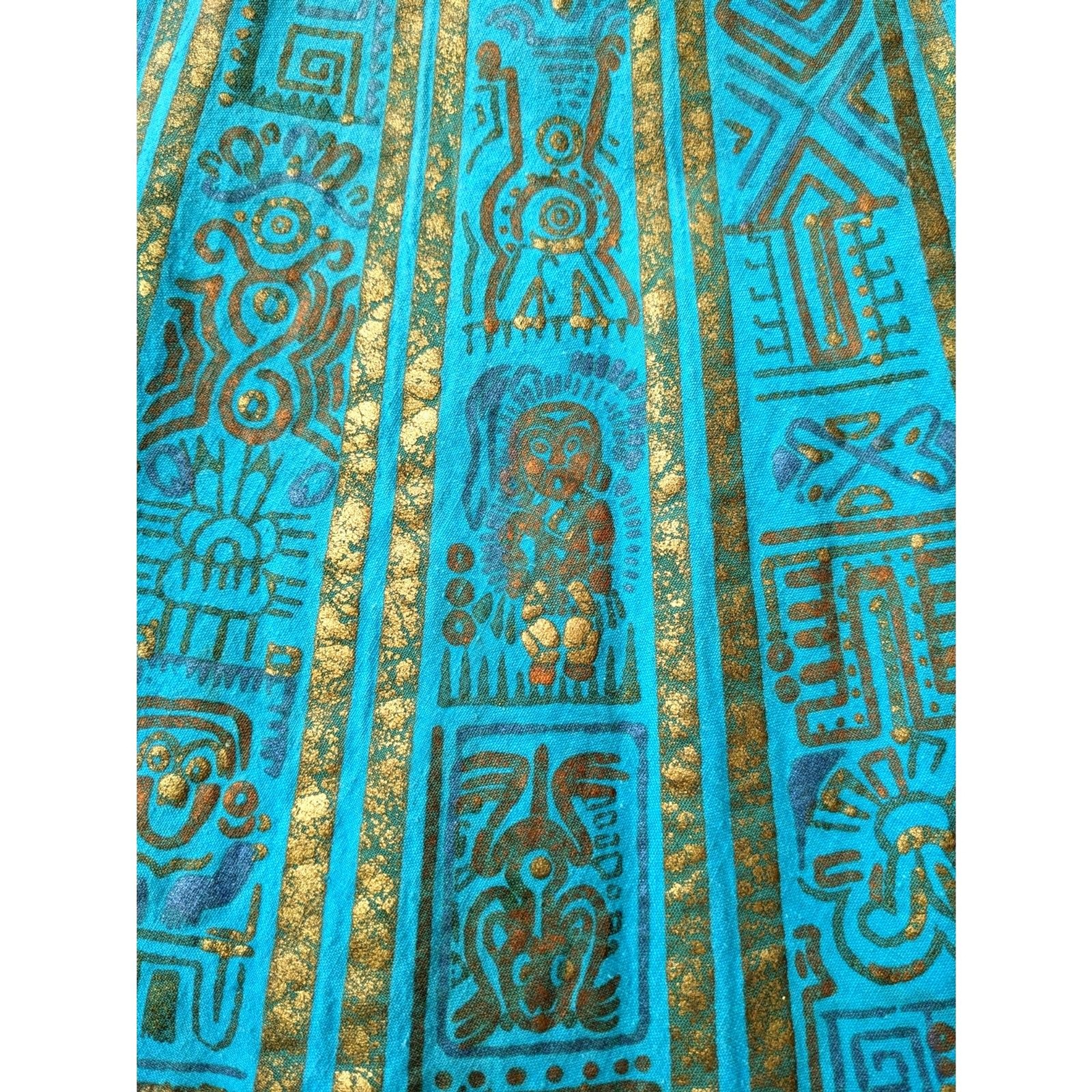 1950s MAYA de MEXICO Mayan Hieroglyph Hand Painted Aqua/Gold Circle Skirt sz. XS