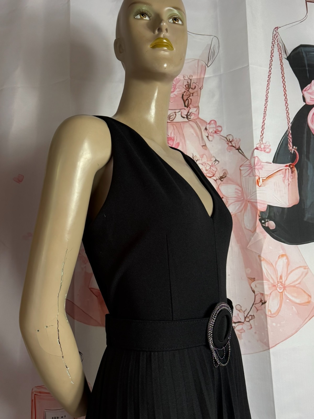 Vintage Evening Dress Black Jersey Pleated Old Hollywood Cocktail Dress Size 42/44