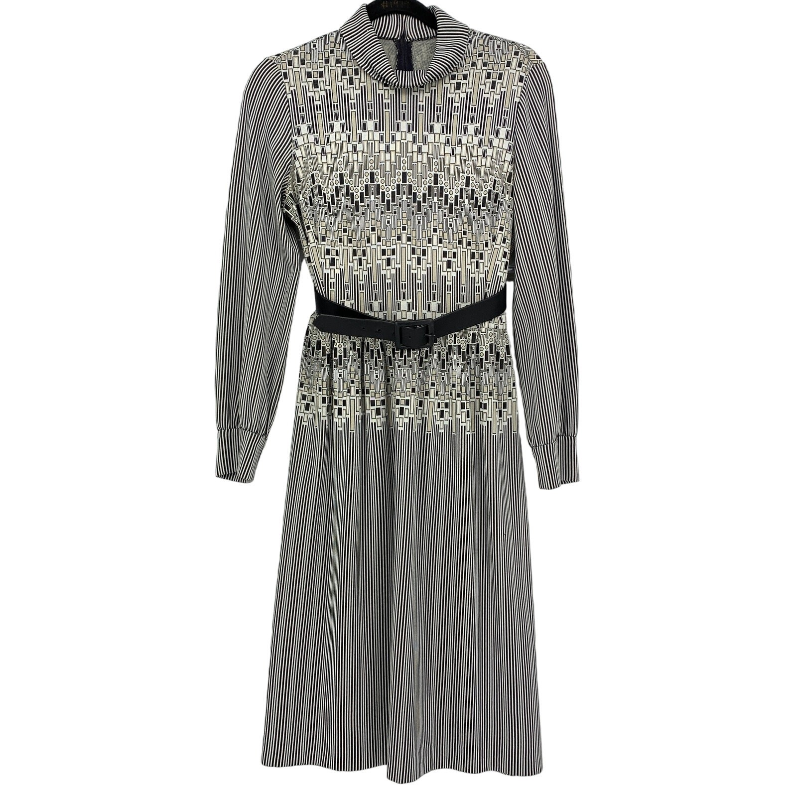 VTG 70s Secretary Dress Womens S/M Geometric Print Black Cream Tan Long Sleeve
