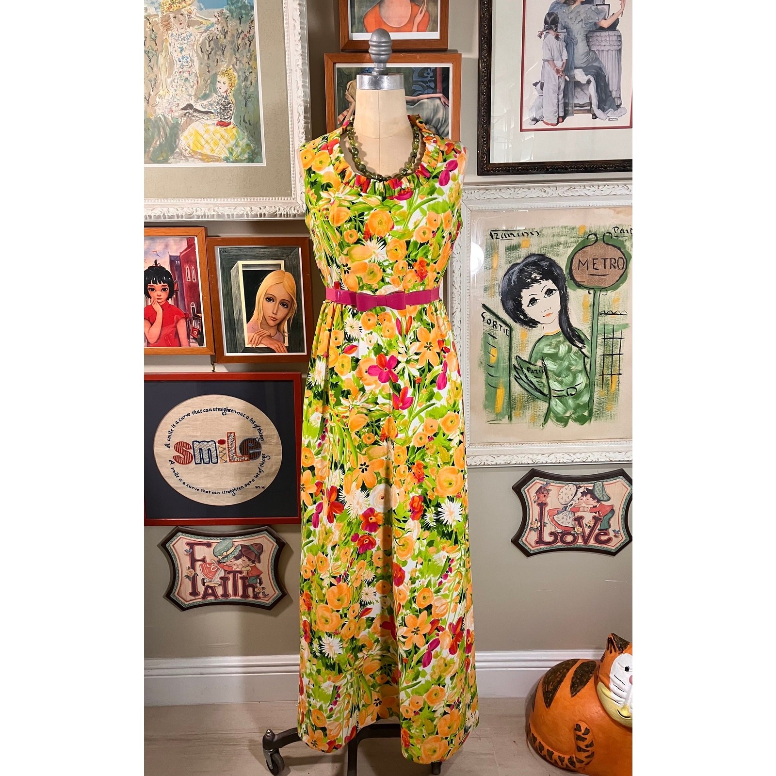 70s Hawaiian Floral Print Maxi Dress Multicolor Polyester 1-Inch Stand Up Collar