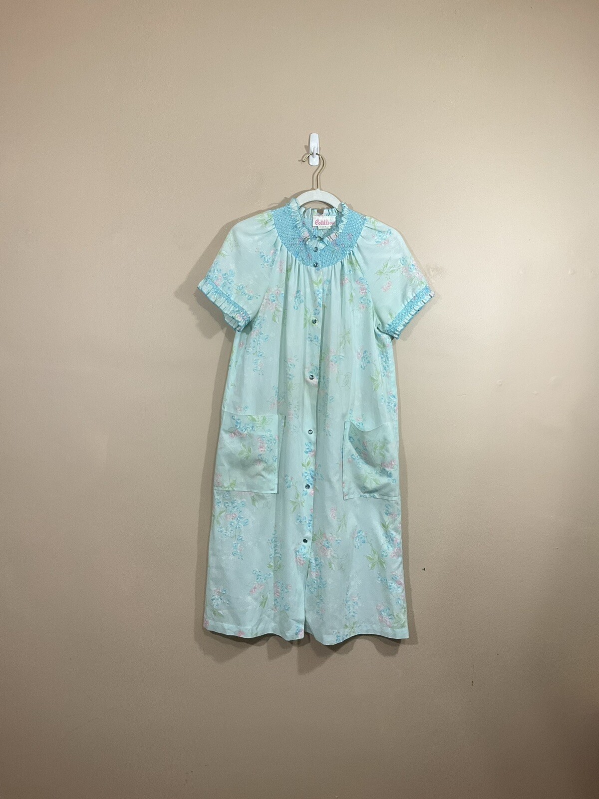 VTG Cotillion Womens Floral House Coat Robe S Blue Cottagecore Pearl Snap Femme