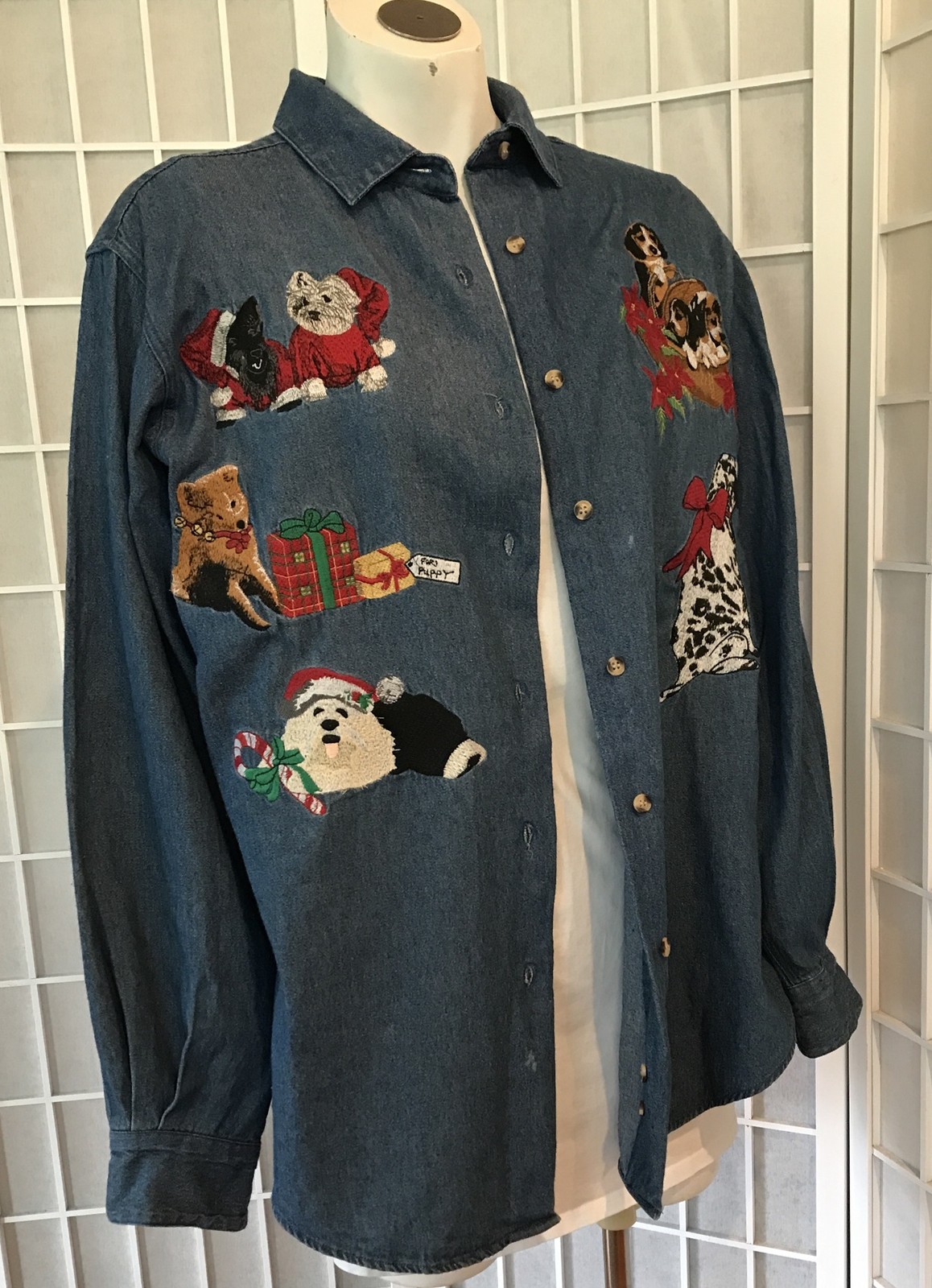 🌲Christmas Dog Lovers Denim M Shirt Long Sleeve Button Embroidered Festive Dogs
