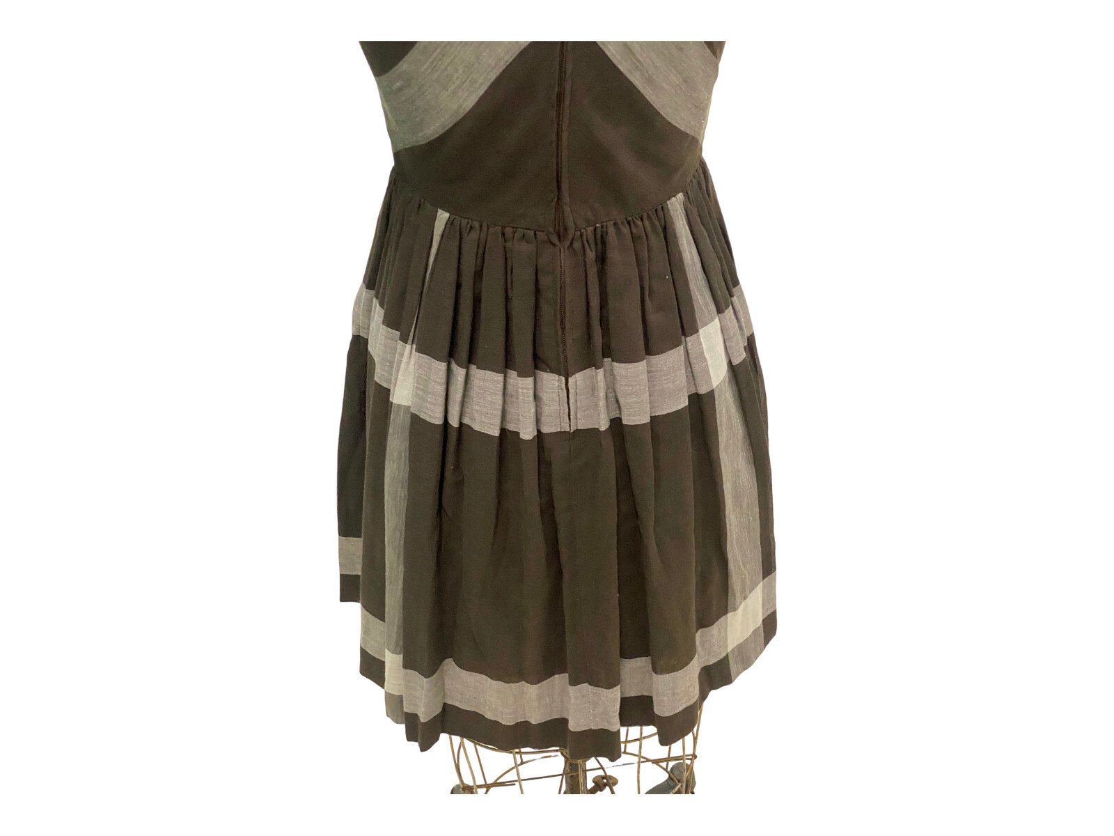 Vintage 1960s Brown Gray Striped Cotton Fit & Flair Dress Small