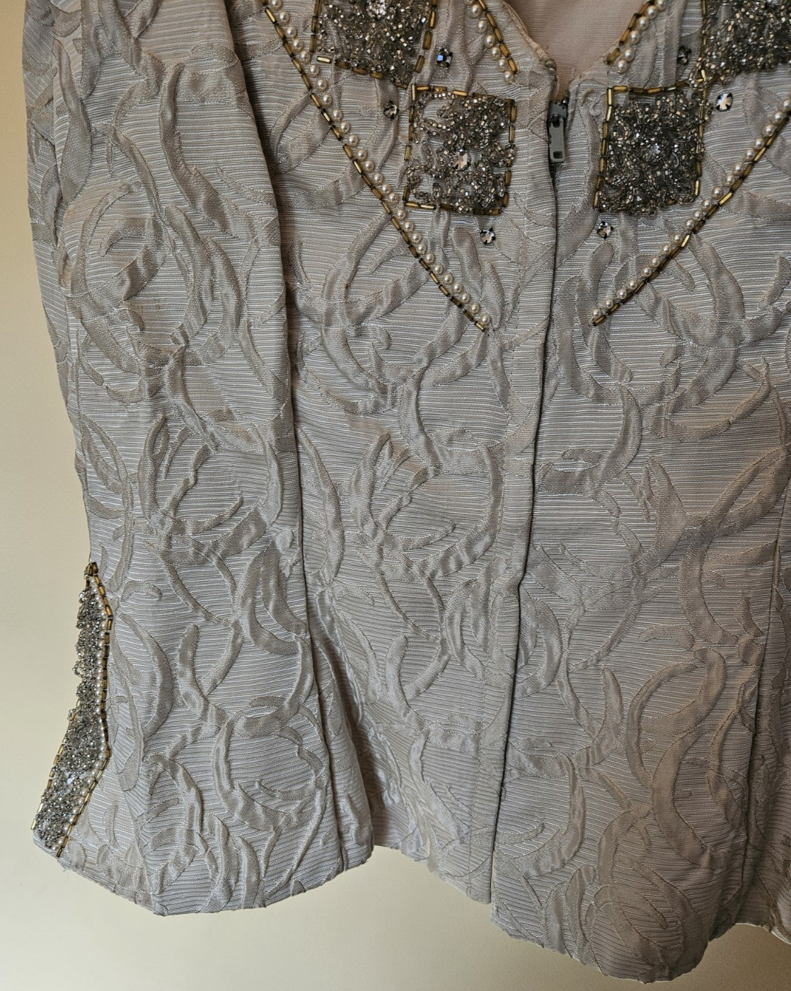 1960s Vintage Embossed Taupe Bodice top with rhinestone embellishments