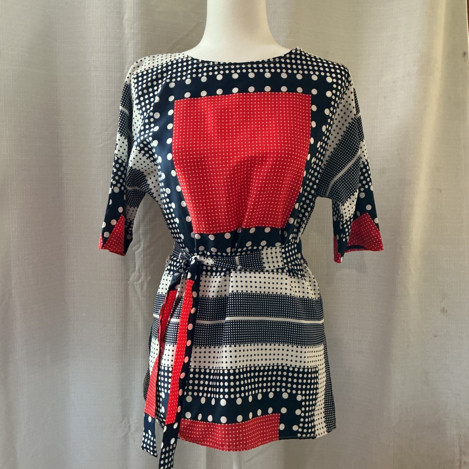Loubella Tunic Top Wms 10/11 Red Navy Polka Dot Geometric Mod Vintage 70s Retro