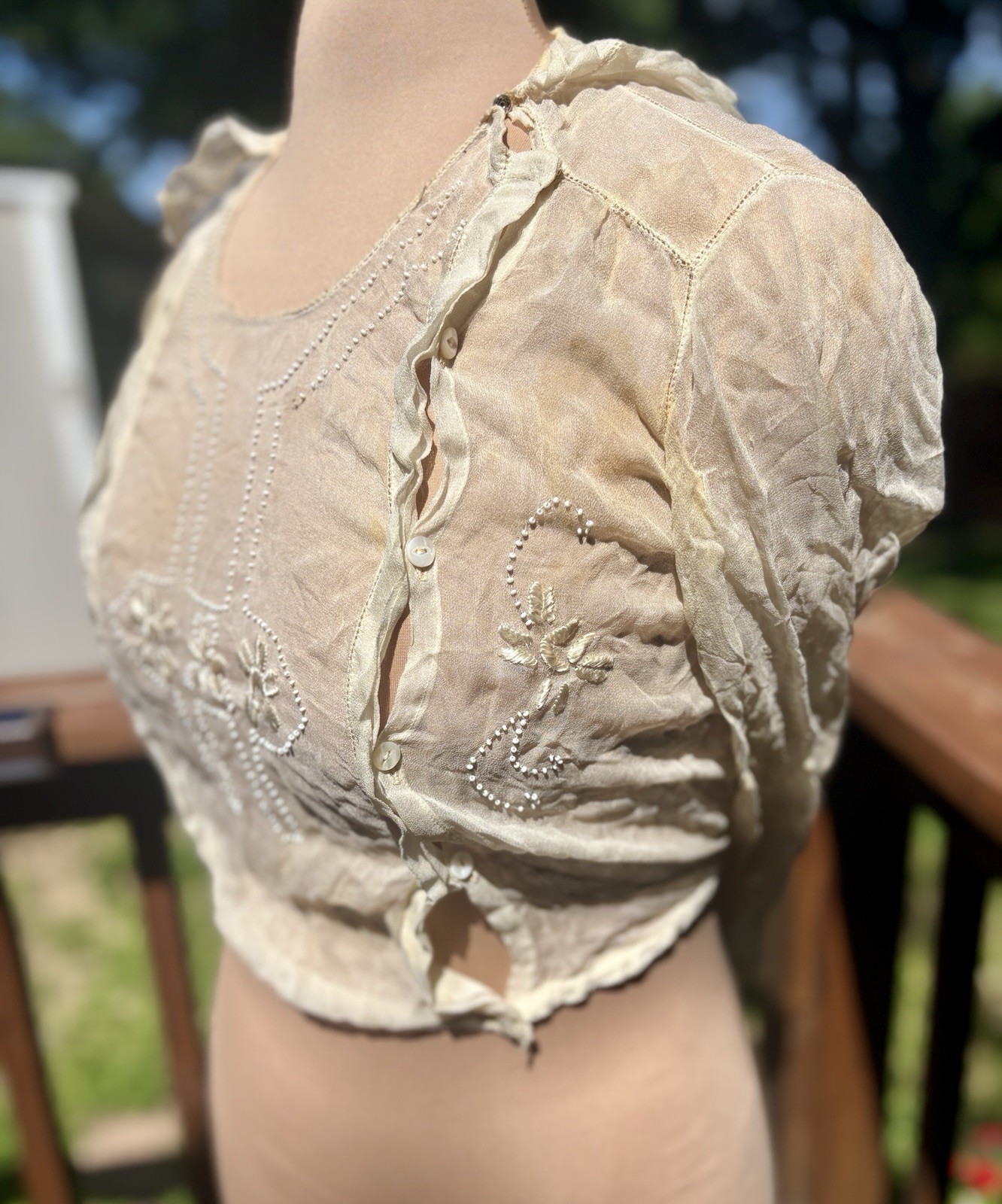 ✨ Antique 1907 Edwardian Sheer Blouse Beaded Embroidery Sailor Collar RARE gem