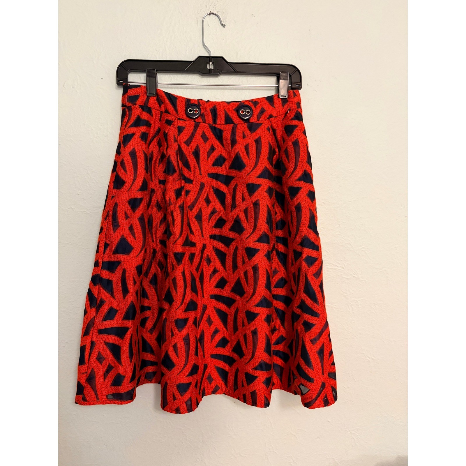 Eva Franco Anthropologie Red Navy A-Line Skirt Size 4 Retro Mod Career Chic Midi