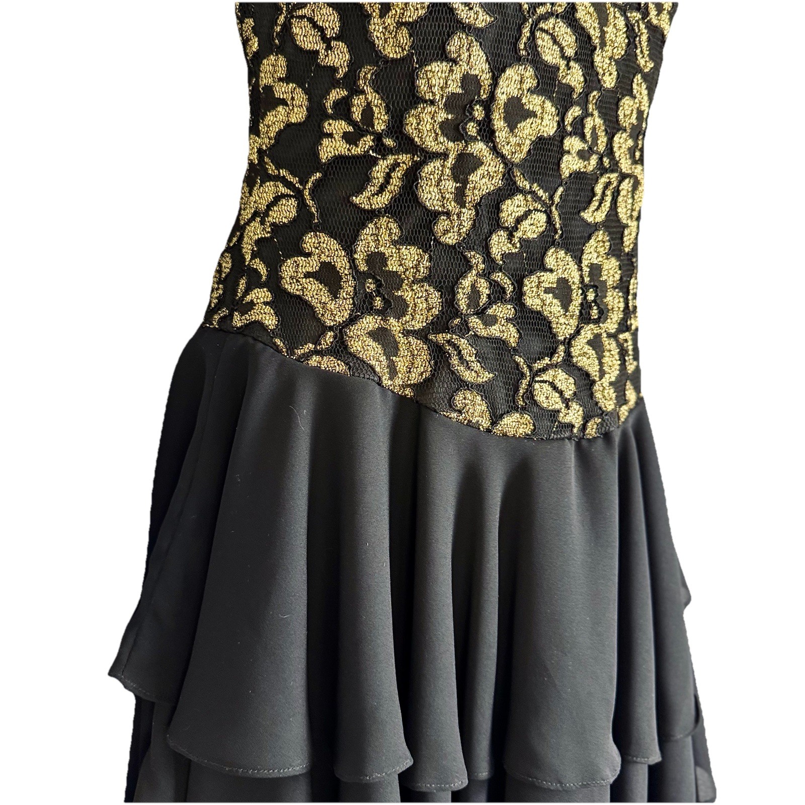Vintage 80’s Late Edition Black Sheer Gold Floral Tier Ruffle Mini Dress Size 8