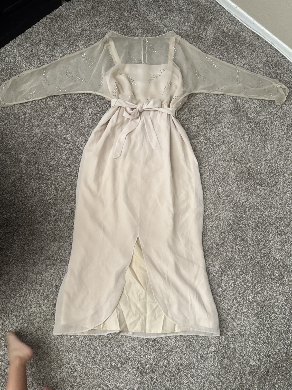 1970s Vintage Cocktail Wedding Guest Dress Beige Light Blush Silver Accents