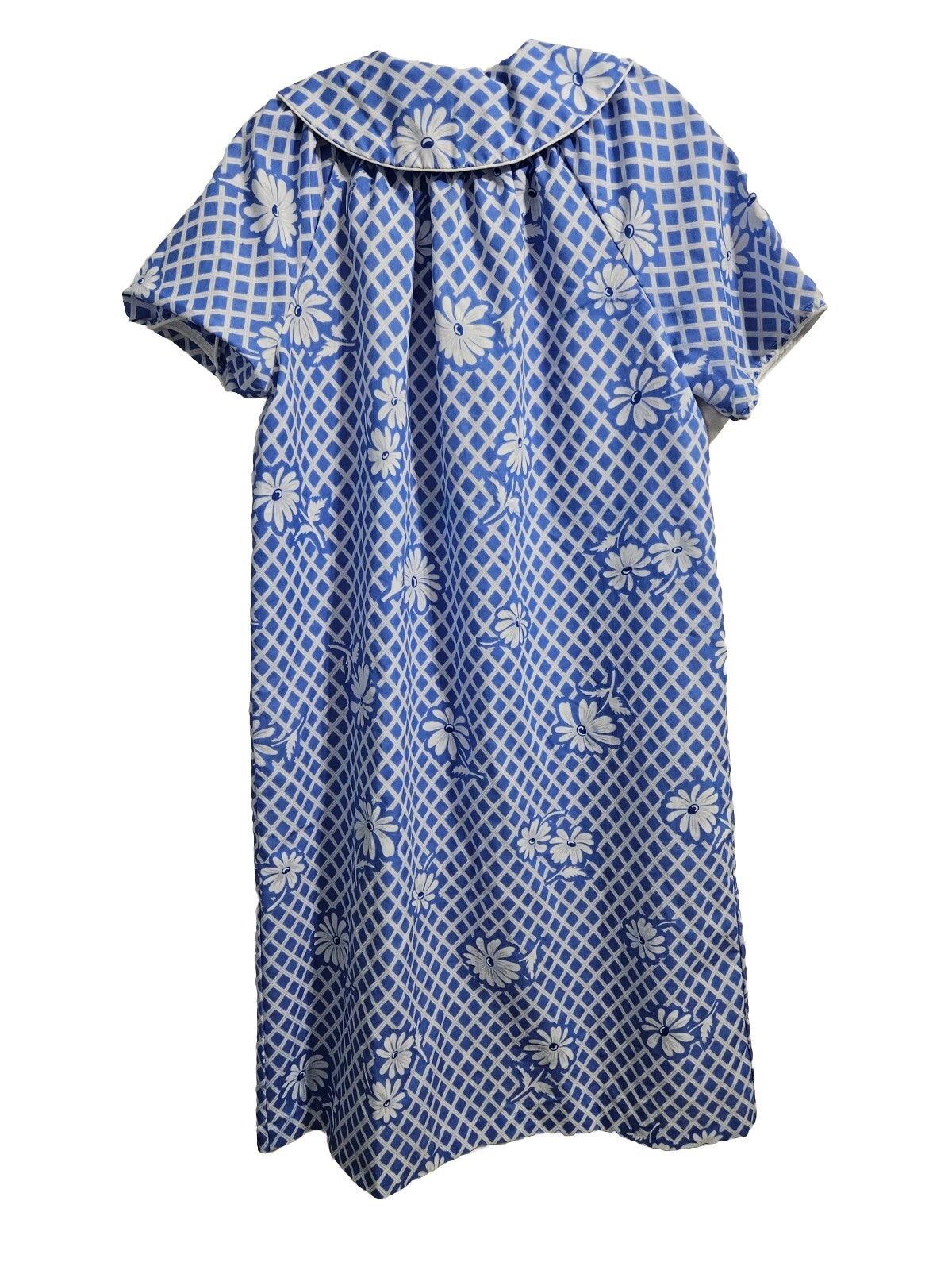 VTG Caper Coat Housecoat Nightgown Medium Retro Mod Button Up Blue Floral Check