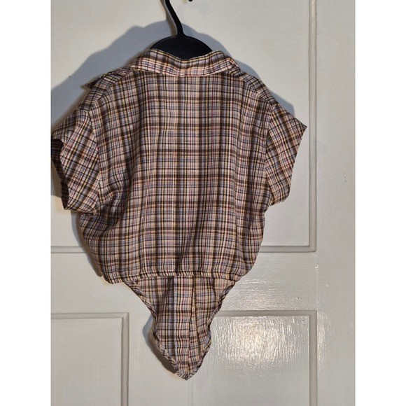 Vintage Langtry Ltd Plaid Tie Front Crop Top Brown Blue Yellow Short Sleeve S