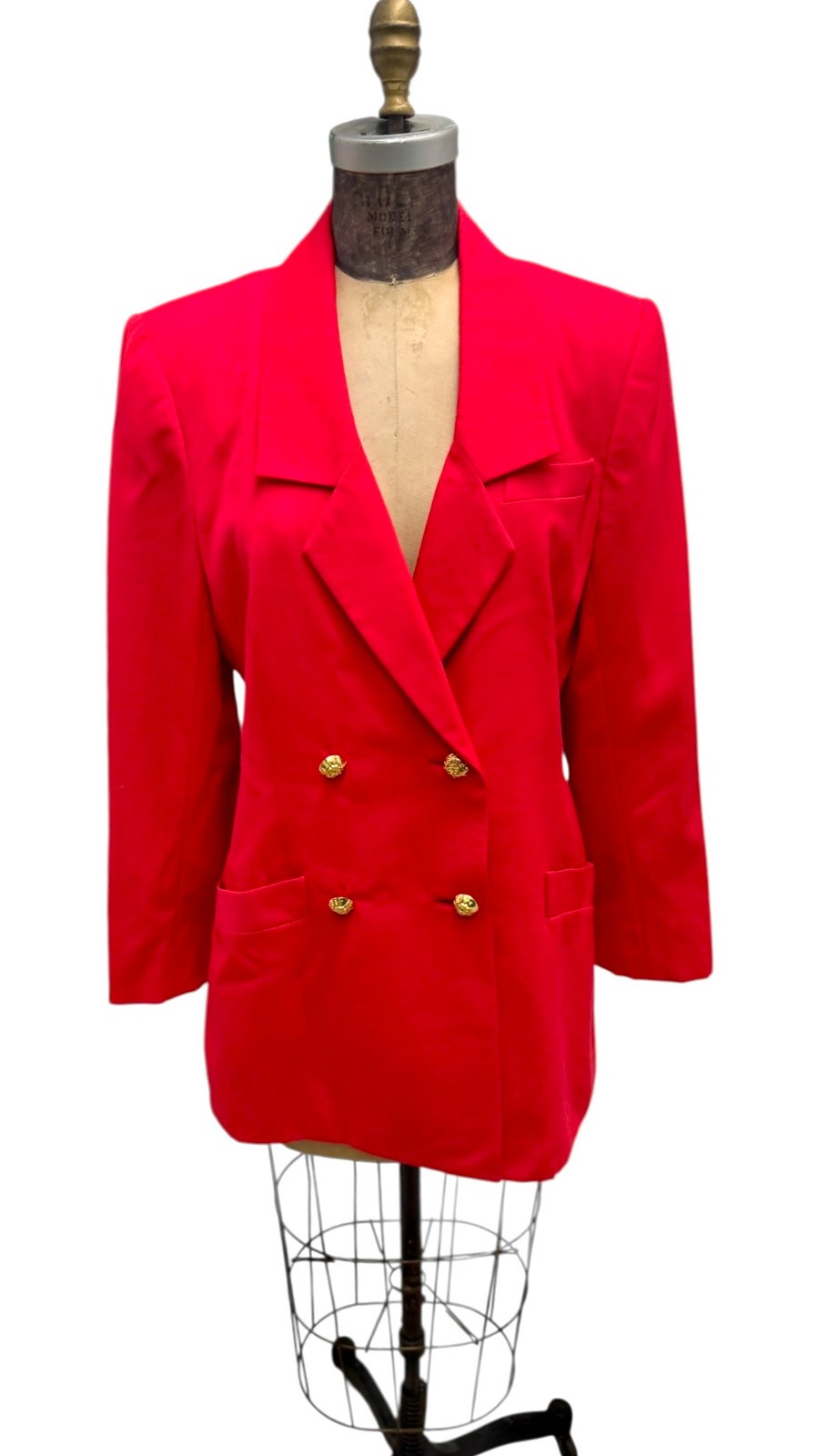 Vintage 1980s David Hayes Red Wool Double Breasted Blazer W/ Gold Buttons M