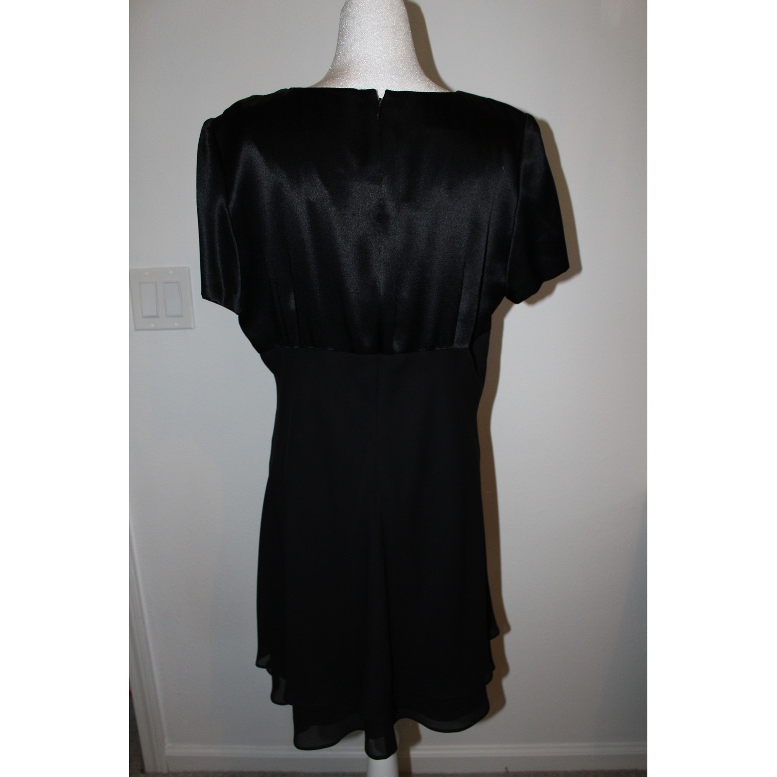 VTG Donna Ricco Black Satin Chiffon Mixed Media Mini Cocktail Dress Sz 14