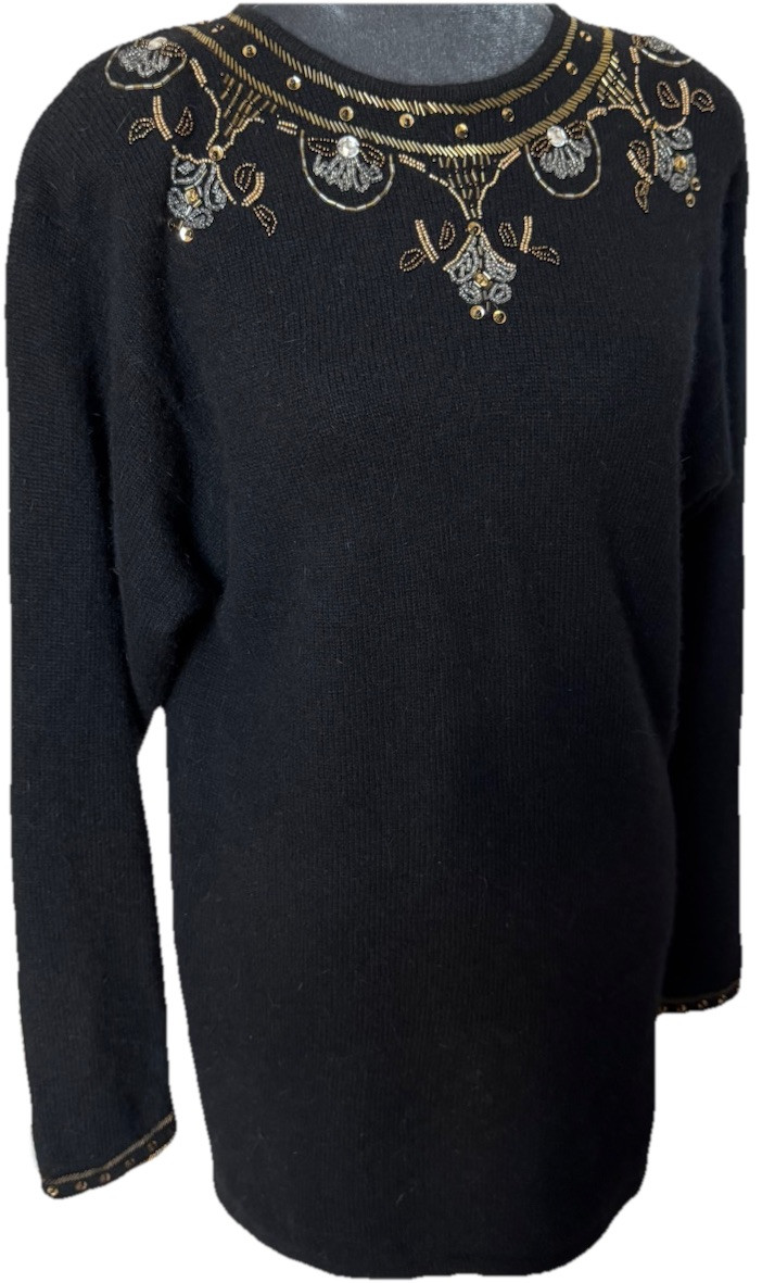 Vtg Boundary Waters Black Angora Lambswool Beaded Sweater Tunic M Embellished
