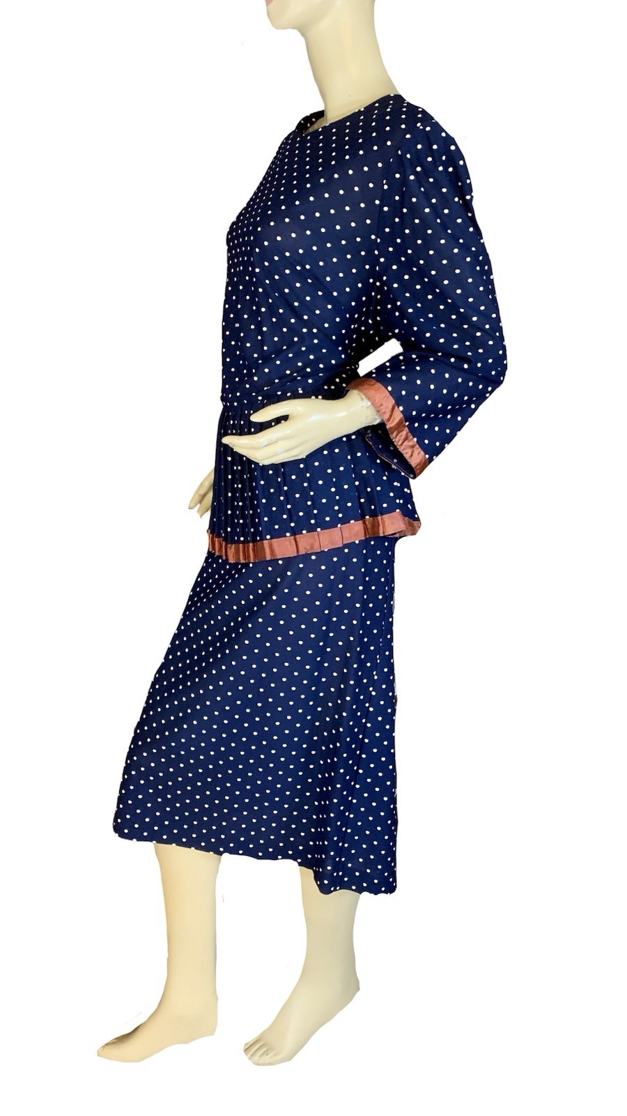 VINTAGE CIRCA 1980’S CARLY CIRCLE BLUE & CREAM POLKADOT PEPLUM DRESS SZ 18