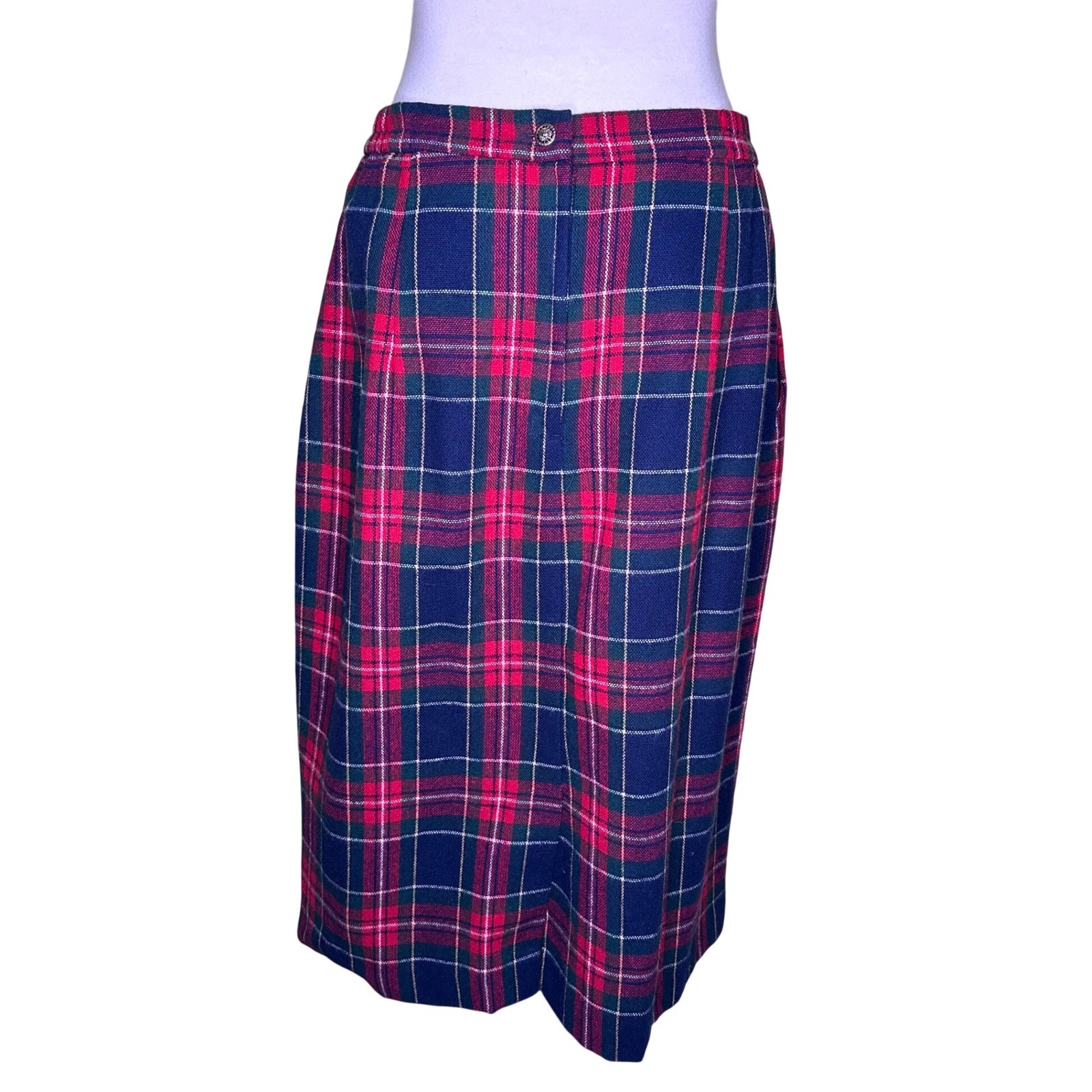 Vintage Tartan Plaid Wool Blend Dark Academia Pencil Skirt Navy Red Green Preppy