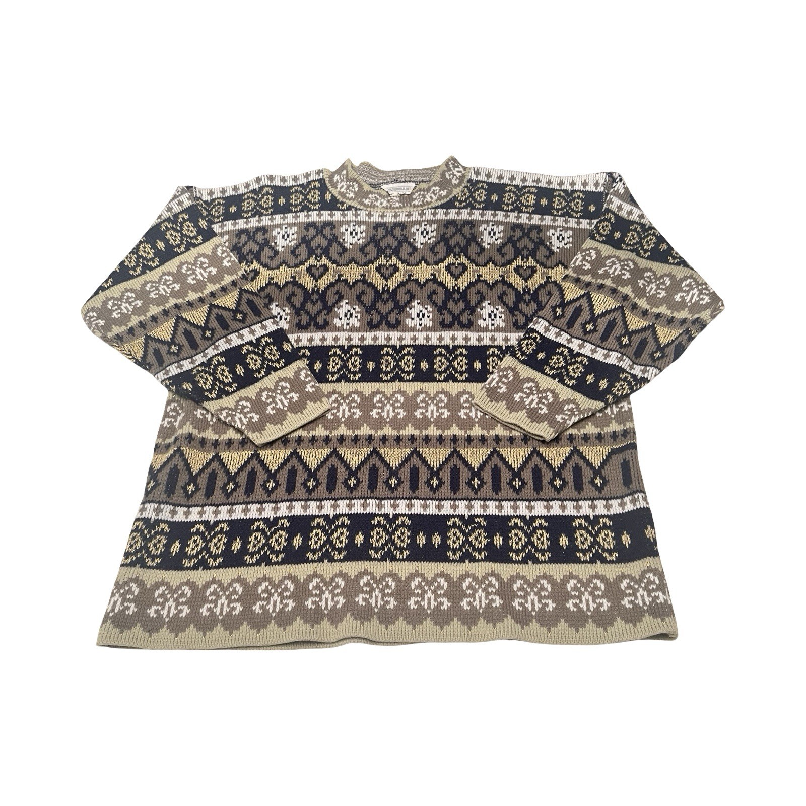 Vintage Arielle Fair Isle Knit Sweater Brown Tan Lurex Metallic Made in USA L