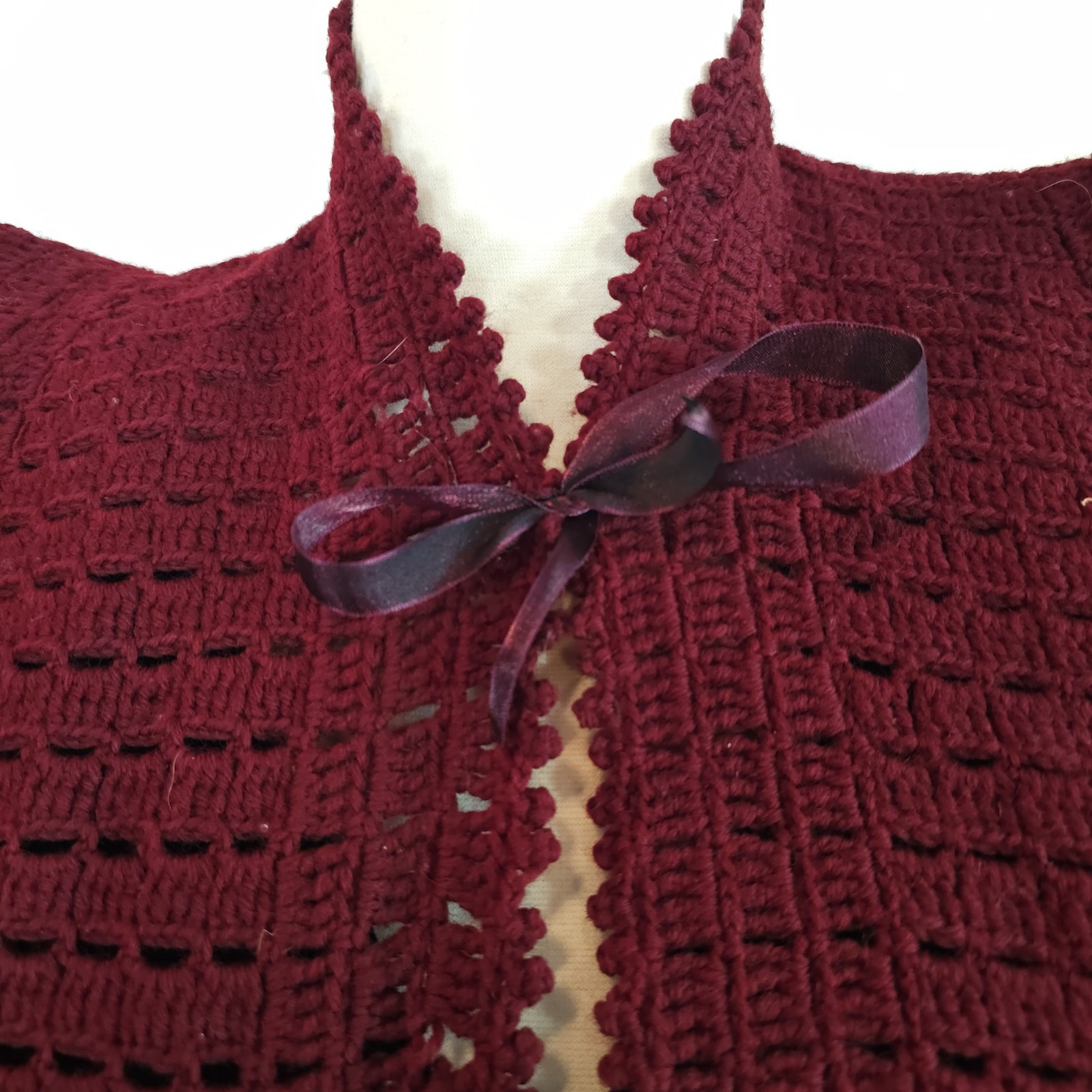 Burgandy Red Crochet Antique Vest 1920s 1930s Art Deco Sweater Shawl Bow Ties…