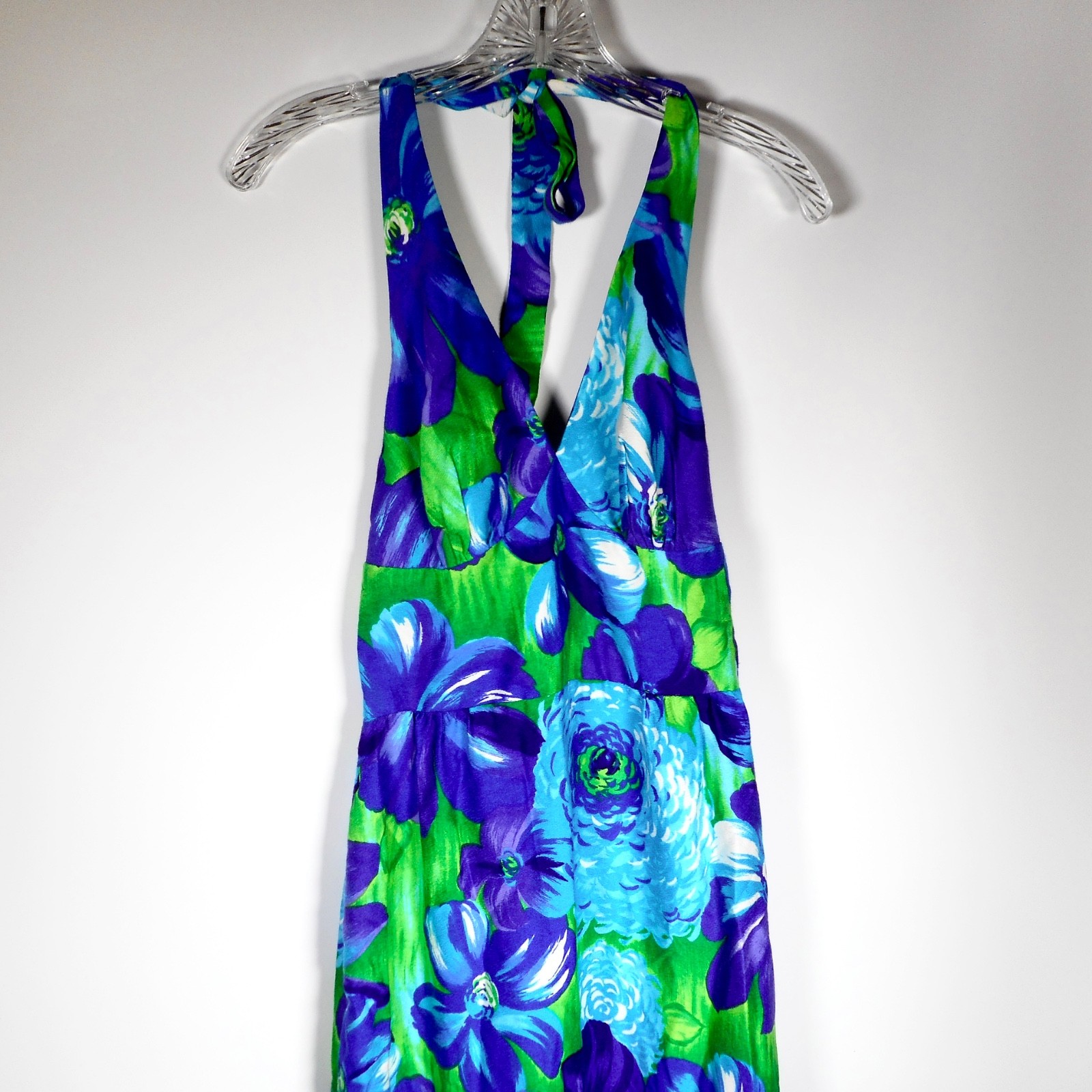VTG 60s 70s Kimos Polynesian Shop S M Blue Green Floral Hawaiian Dress Halter