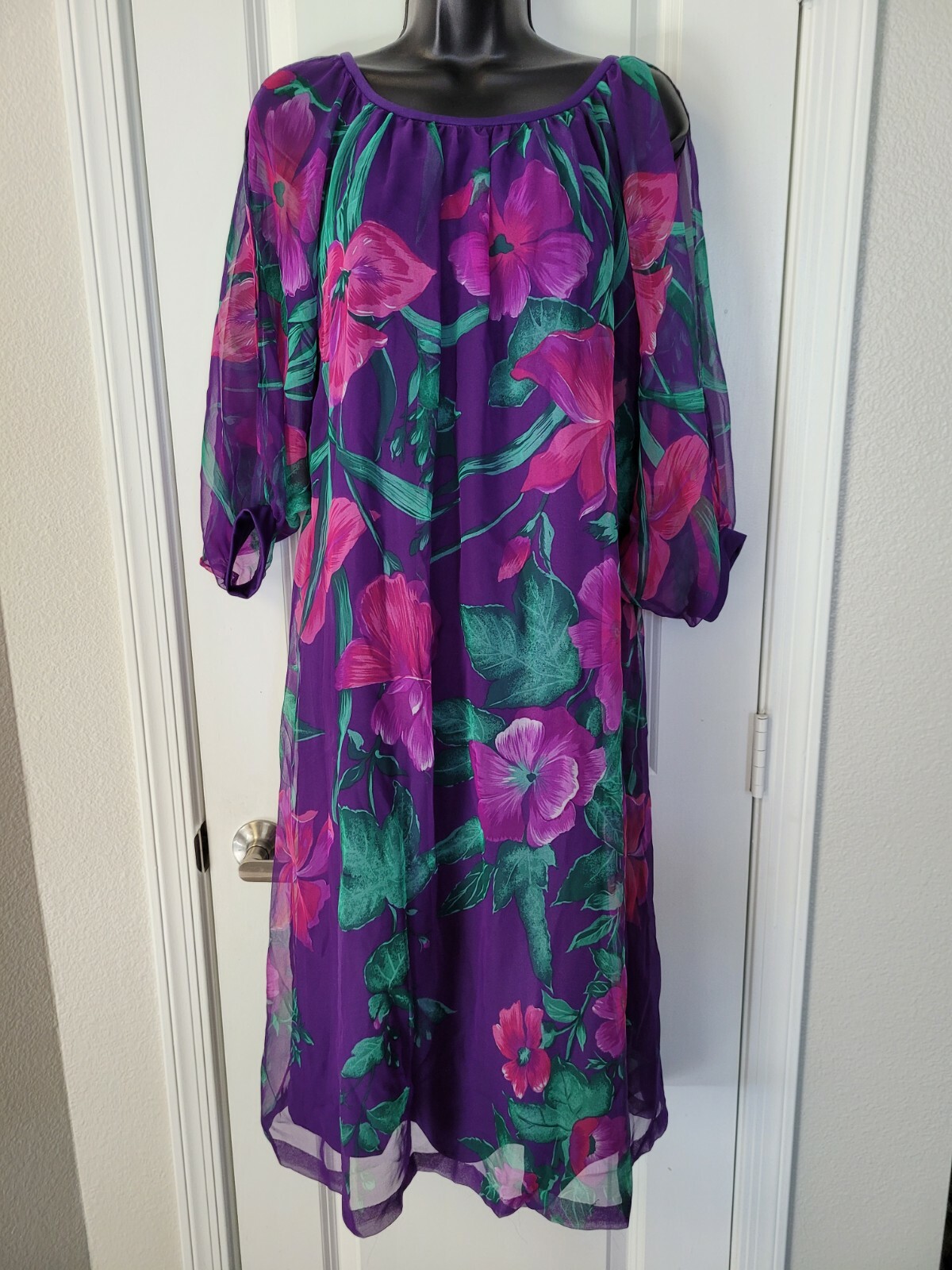 VTG KIYOMI HAWAII Liberty House Maxi Dress purple floral muumuu sheer small 60s