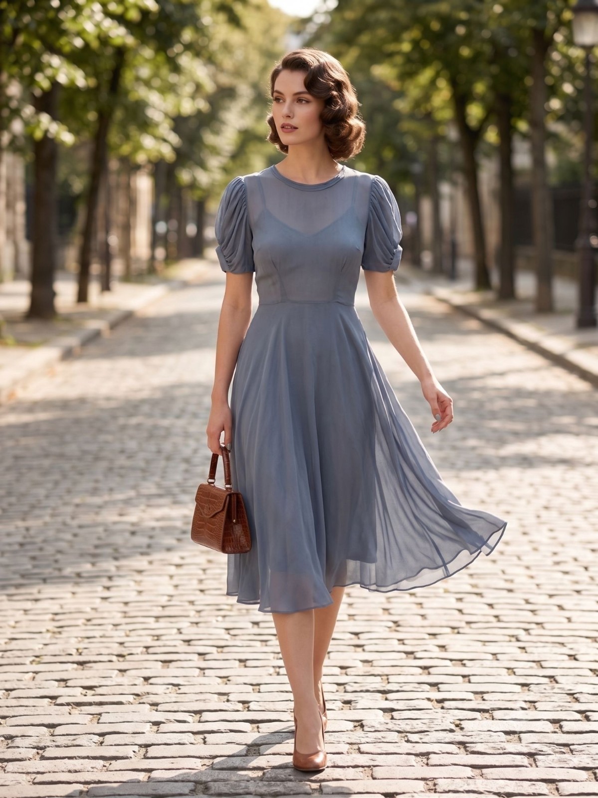 Vintage 40s Blue Silk Sheer Dress Gathered Puff Sleeve Side Zip Bias Cut MCM XS