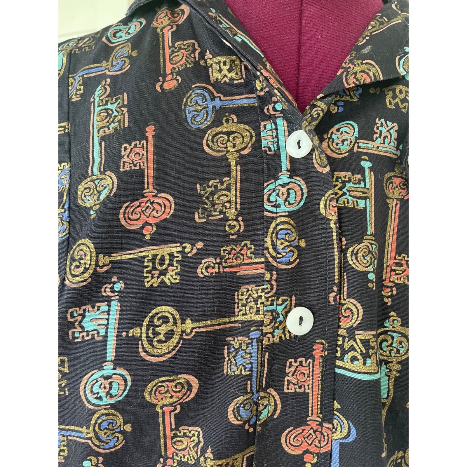 Vintage 1960s Skeleton Key Print Blouse With Puff Sleeves Black Grosgrain Size S